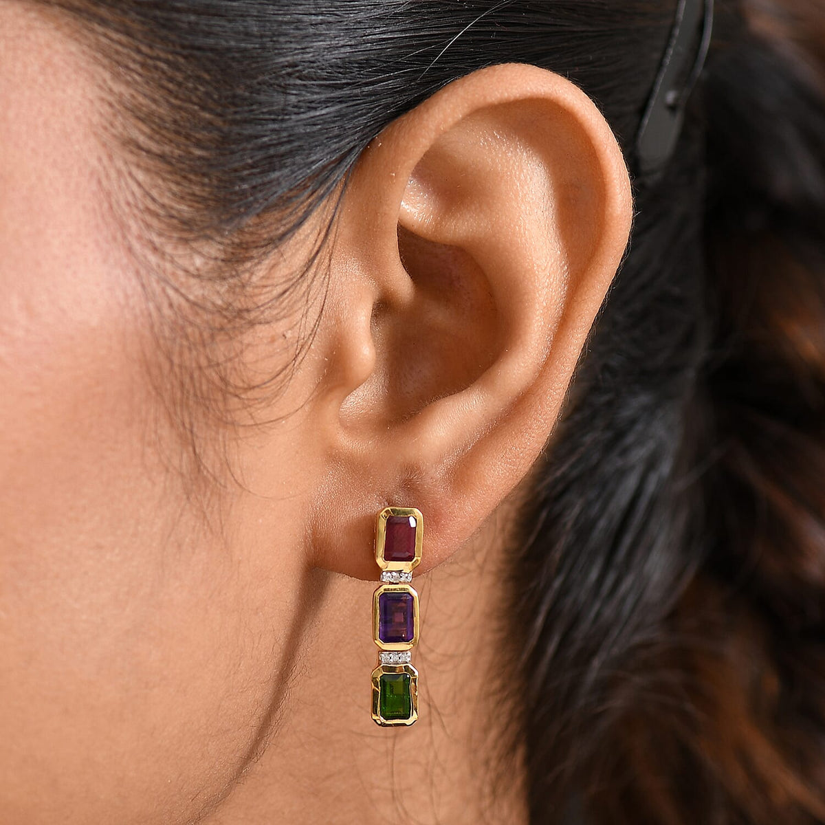 D'joy Natural Chrome Diopside, African Ruby and White Zircon Dangling Earring in Yellow Gold Plated Sterling Silver 4.04 Ct. 8214700 3