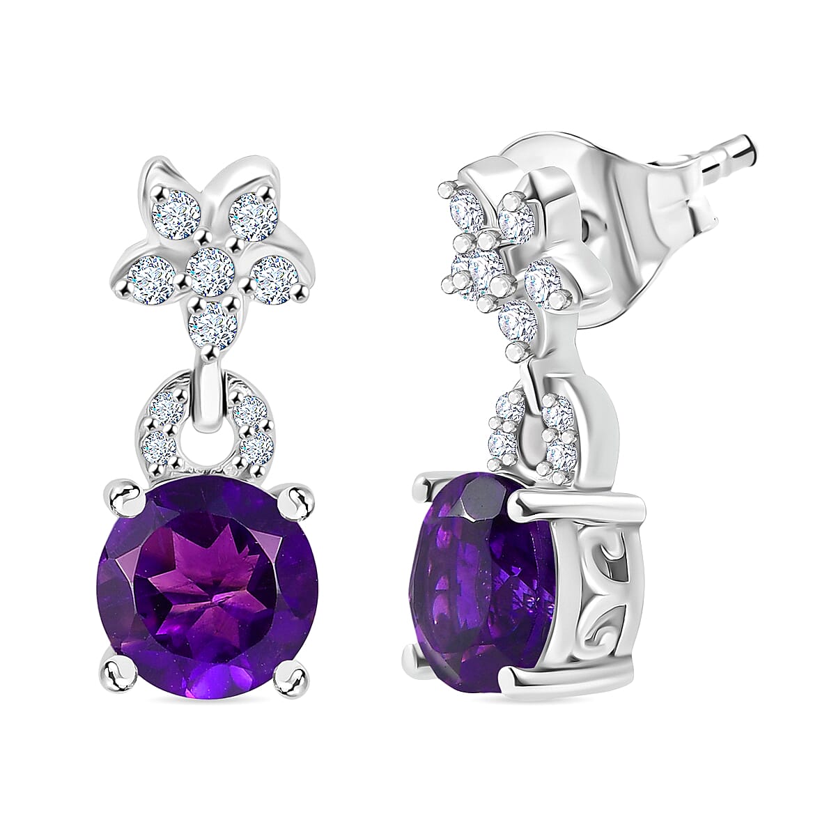 D'joy AAA African Amethyst &amp; White Zircon Dangling Earring with Push Back in Rhodium Overlay Sterling Silver 2.52 Ct. 8181674 0