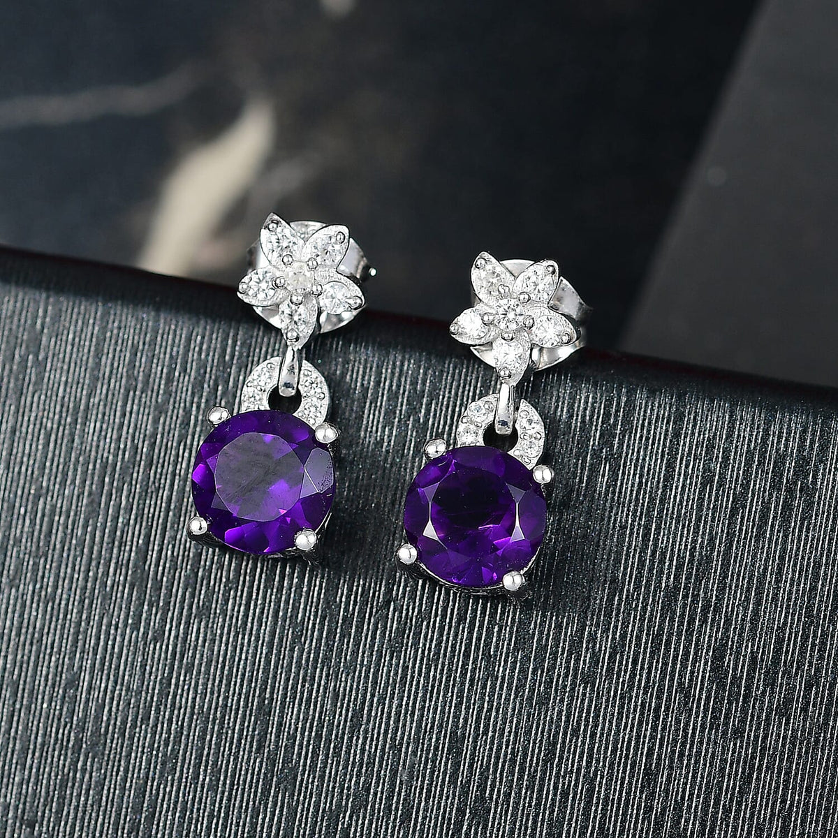 D'joy AAA African Amethyst &amp; White Zircon Dangling Earring with Push Back in Rhodium Overlay Sterling Silver 2.52 Ct. 8181674 2