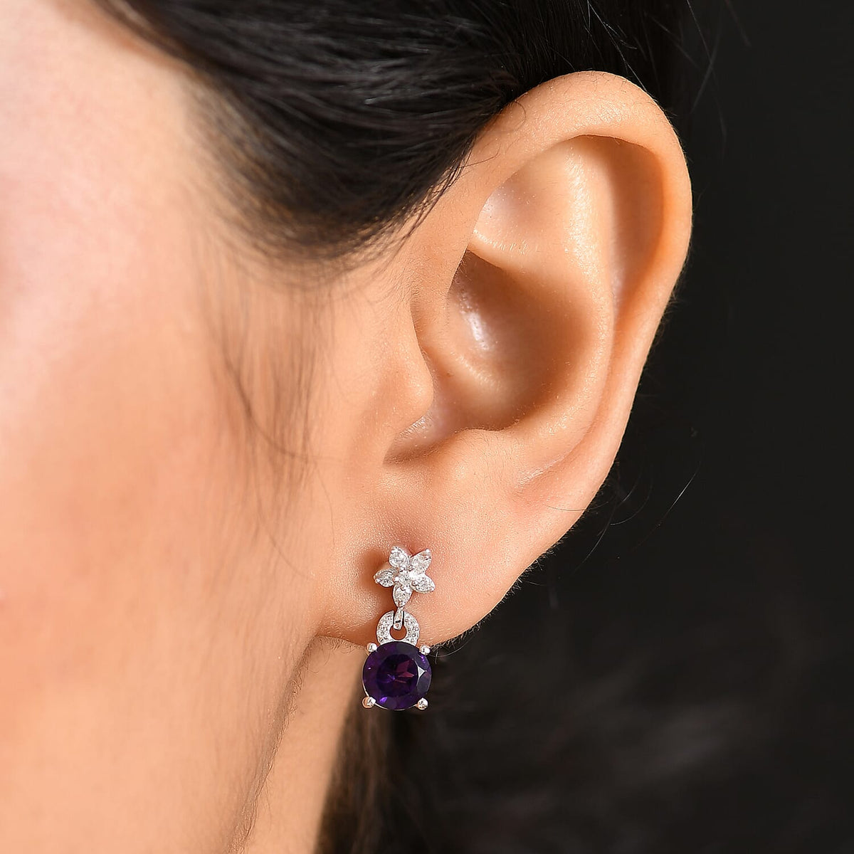 D'joy AAA African Amethyst &amp; White Zircon Dangling Earring with Push Back in Rhodium Overlay Sterling Silver 2.52 Ct. 8181674 3