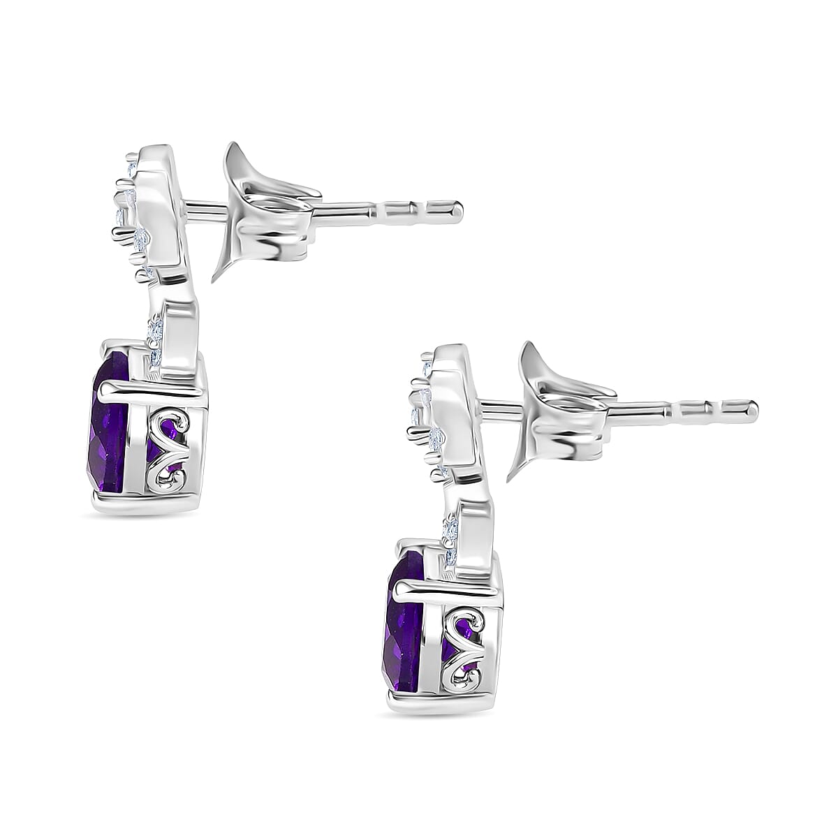 D'joy AAA African Amethyst &amp; White Zircon Dangling Earring with Push Back in Rhodium Overlay Sterling Silver 2.52 Ct. 8181674 4