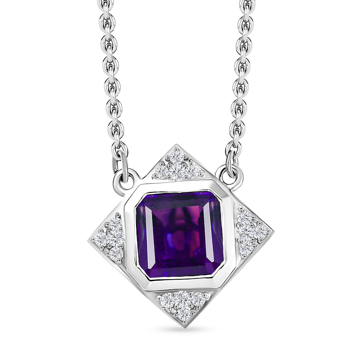 D'joy AAA African Amethyst &amp; White Zircon Necklace (Size - 20) with Lobaster Clasp in Rhodium Overlay Sterling Silver 2.70 Ct. 8188640 0