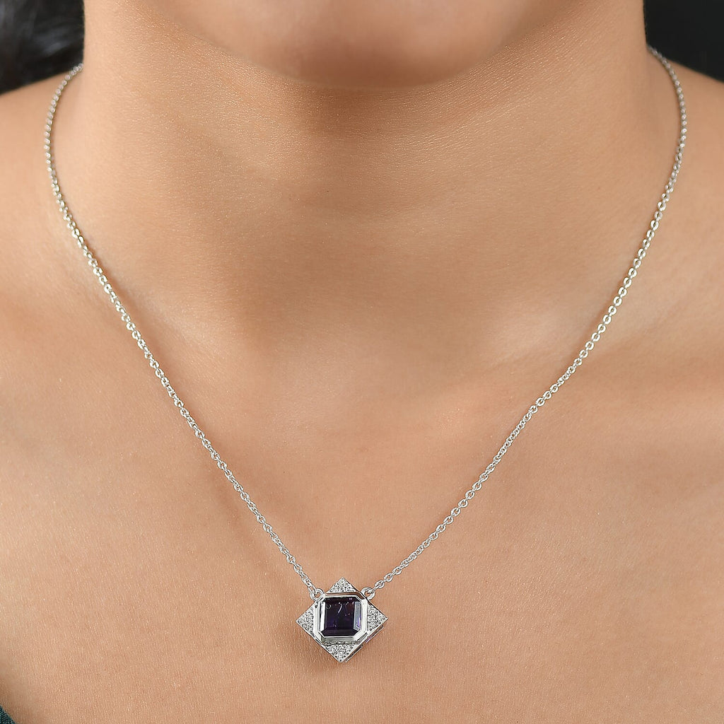 D'joy AAA African Amethyst & White Zircon Necklace (Size - 20) with Lobaster Clasp in Rhodium Overlay Sterling Silver 2.70 Ct.