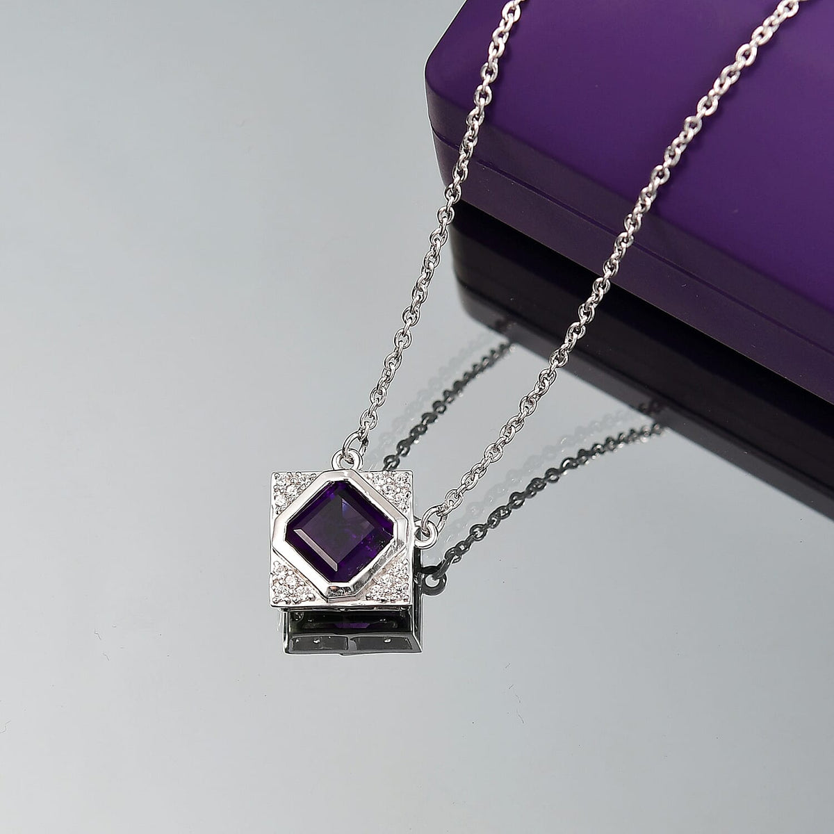 D'joy AAA African Amethyst &amp; White Zircon Necklace (Size - 20) with Lobaster Clasp in Rhodium Overlay Sterling Silver 2.70 Ct. 8188640 3