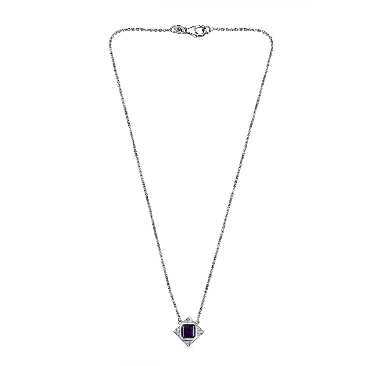 D'joy AAA African Amethyst &amp; White Zircon Necklace (Size - 20) with Lobaster Clasp in Rhodium Overlay Sterling Silver 2.70 Ct. 8188640 4