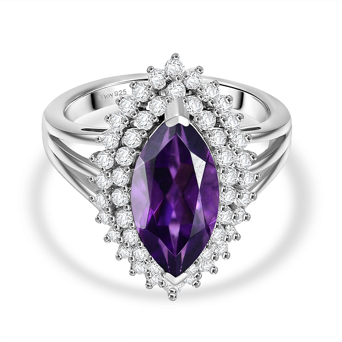 D'joy AAA African Amethyst &amp; White Zircon Ring in Rhodium Overlay Sterling Silver 3.88 Ct. 8187318 0
