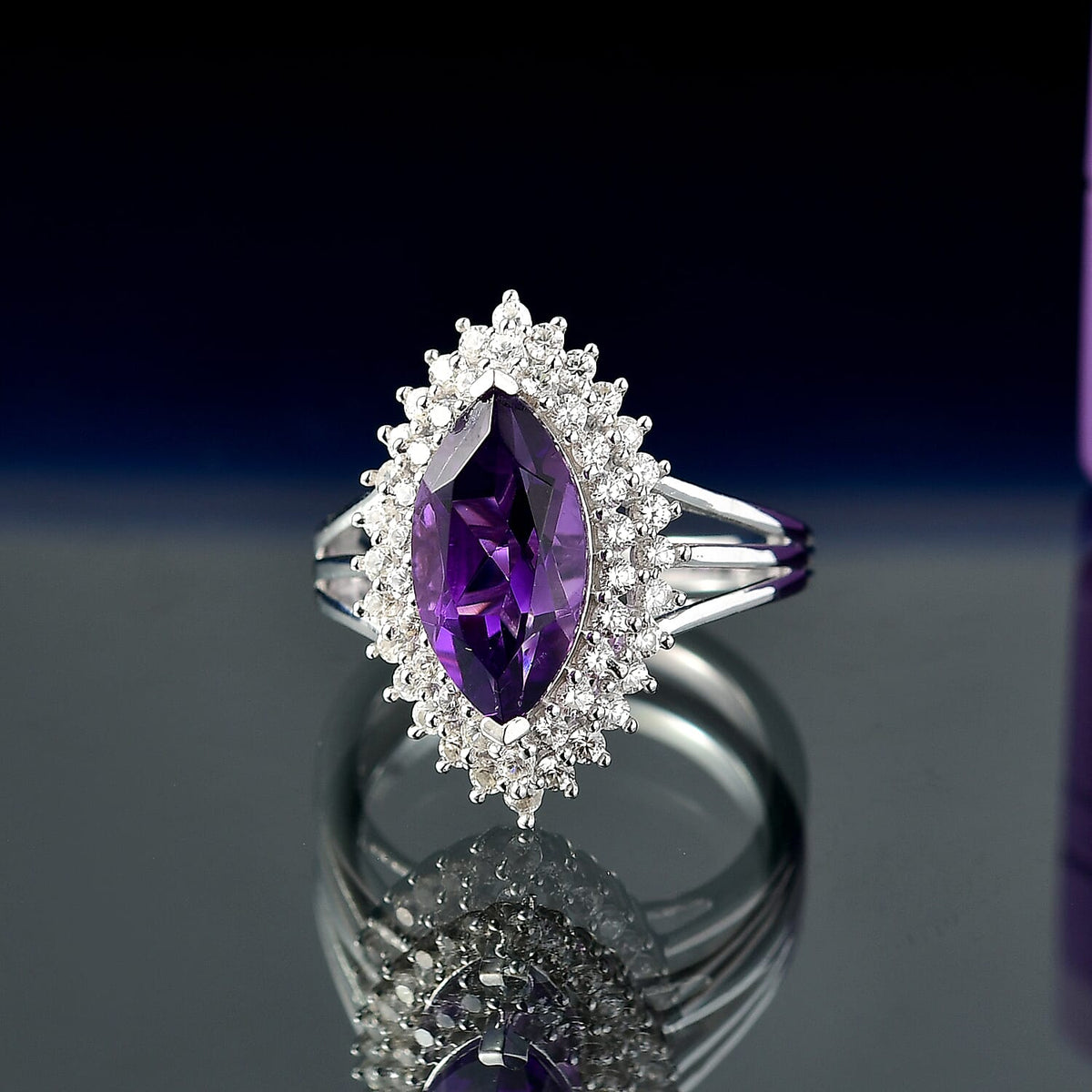 D'joy AAA African Amethyst &amp; White Zircon Ring in Rhodium Overlay Sterling Silver 3.88 Ct. 8187318 1