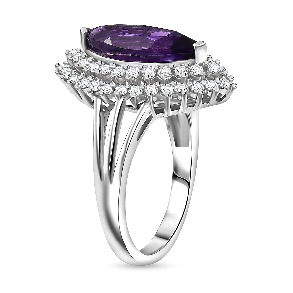 D'joy AAA African Amethyst &amp; White Zircon Ring in Rhodium Overlay Sterling Silver 3.88 Ct. 8187318 3