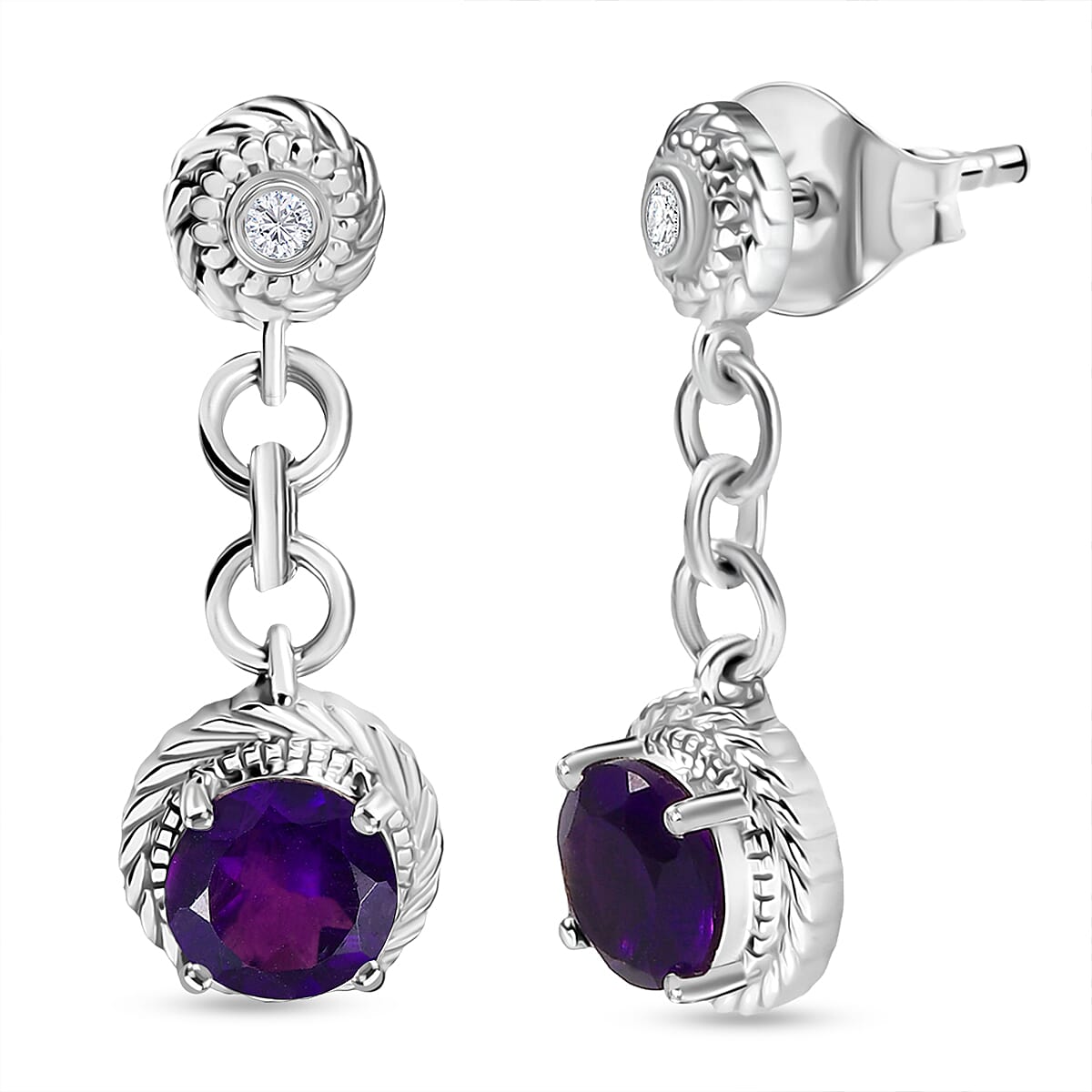 D'joy AAA African Amethyst &amp; White Zircon Stud Push Back Earring in Rhodium Overlay Sterling Silver 2.28 Ct. 8181579 0