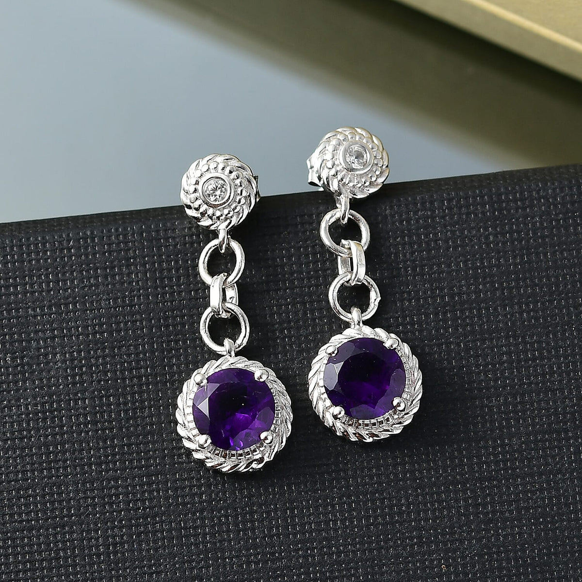 D'joy AAA African Amethyst &amp; White Zircon Stud Push Back Earring in Rhodium Overlay Sterling Silver 2.28 Ct. 8181579 2