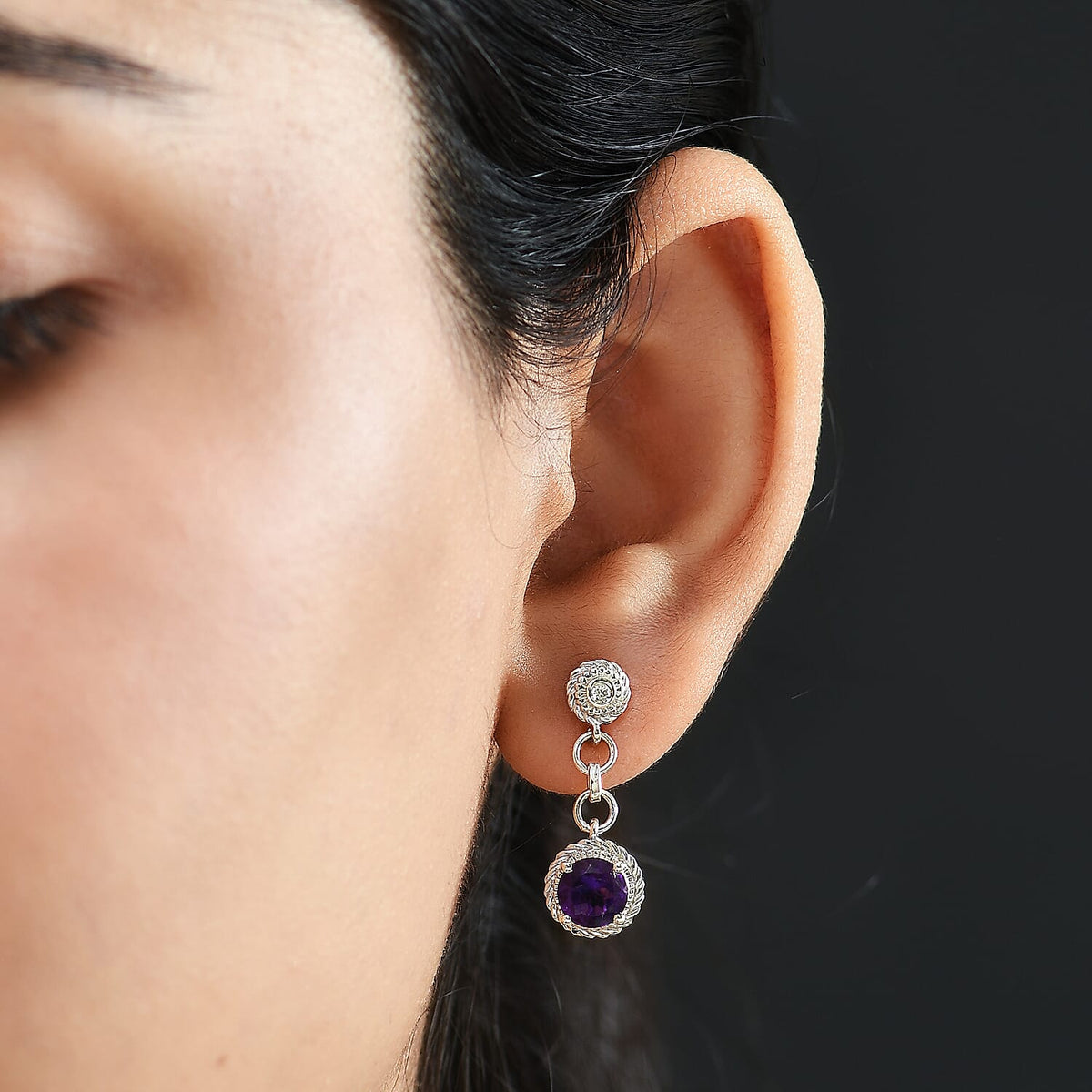 D'joy AAA African Amethyst &amp; White Zircon Stud Push Back Earring in Rhodium Overlay Sterling Silver 2.28 Ct. 8181579 3