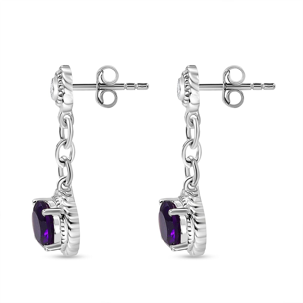 D'joy AAA African Amethyst &amp; White Zircon Stud Push Back Earring in Rhodium Overlay Sterling Silver 2.28 Ct. 8181579 4