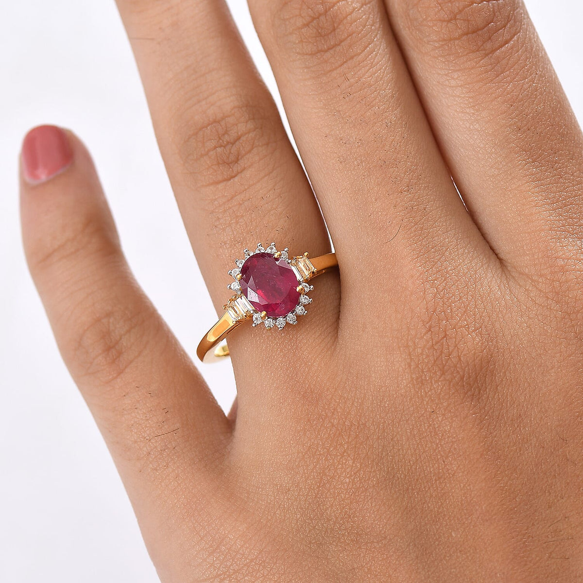 D'joy African Ruby, White Topaz &amp; White Zircon Ring in 18K Yellow Gold Plating Sterling Silver 2.96 Ct. 8241664 2