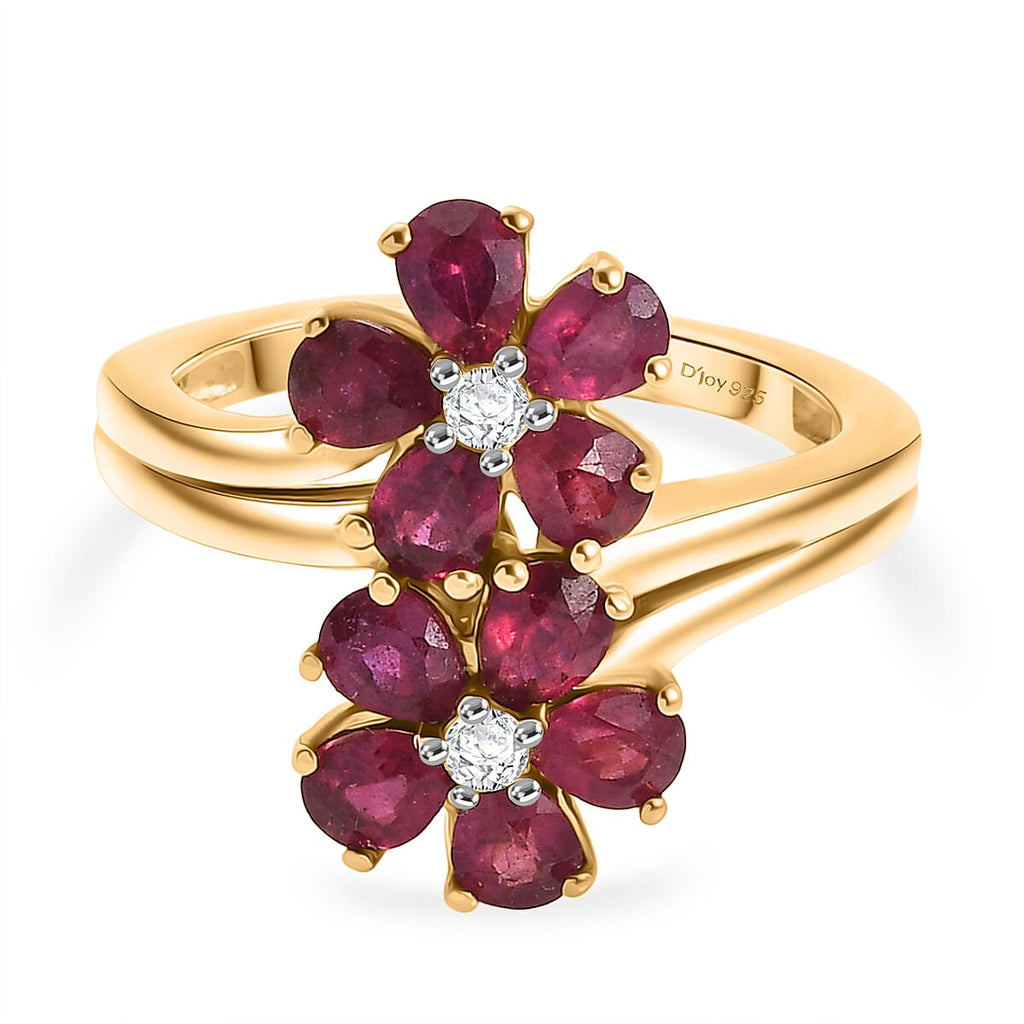 D'joy African Ruby & White Zircon Cluster Ring in 14K Yellow Gold Plating Sterling Silver 2.32 Ct.