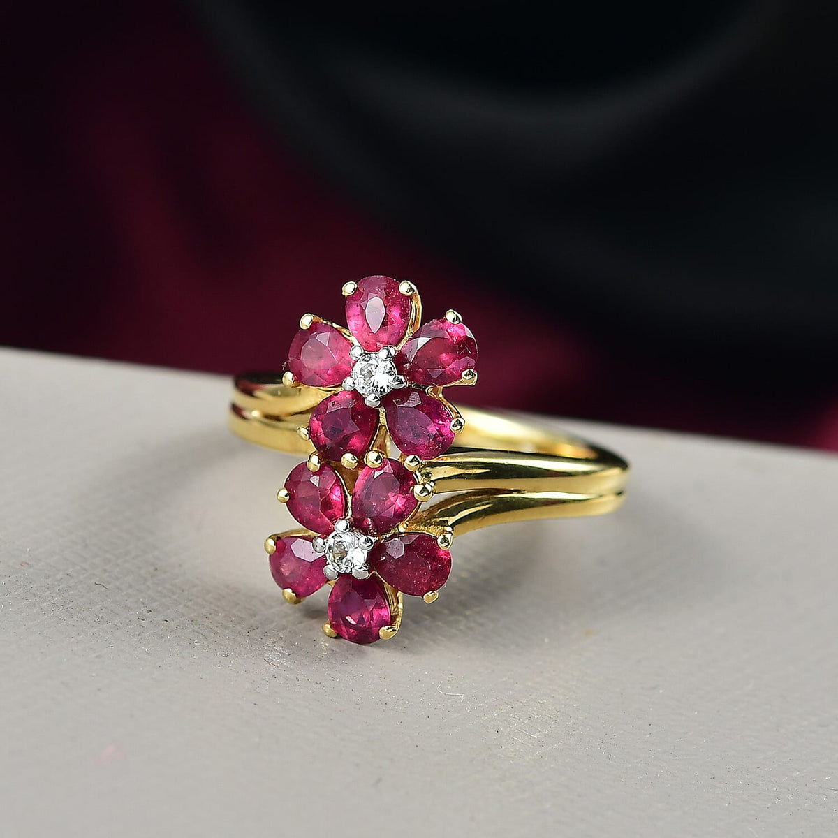 D'joy African Ruby, White Zircon Floral Ring in Yellow Gold Plated Sterling Silver 2.32 Ct. 8241665 1