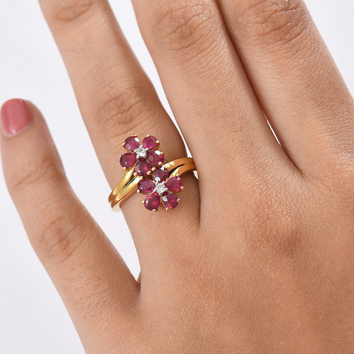 D'joy African Ruby, White Zircon Floral Ring in Yellow Gold Plated Sterling Silver 2.32 Ct. 8241665 2
