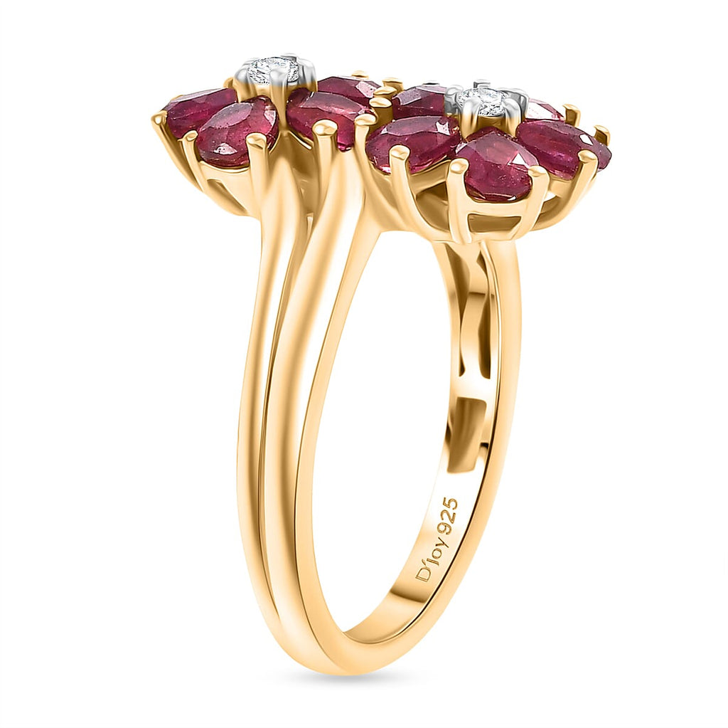 D'joy African Ruby & White Zircon Cluster Ring in 14K Yellow Gold Plating Sterling Silver 2.32 Ct.