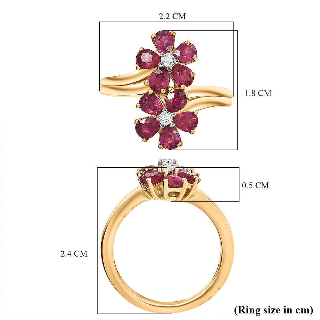 D'joy African Ruby & White Zircon Cluster Ring in 14K Yellow Gold Plating Sterling Silver 2.32 Ct.