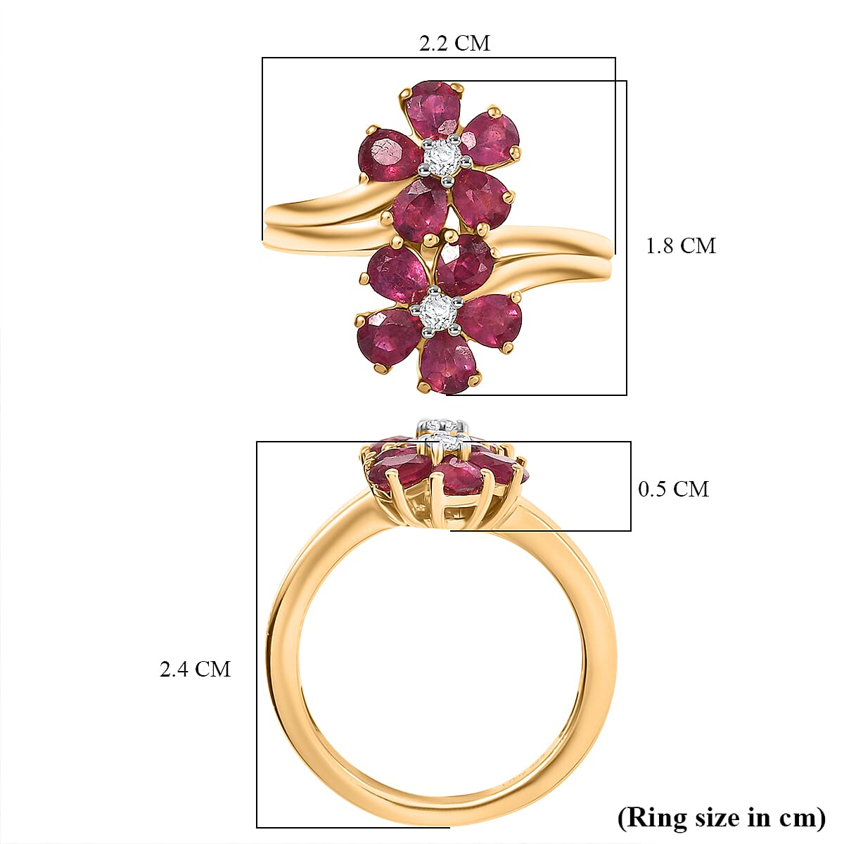 D'joy African Ruby, White Zircon Floral Ring in Yellow Gold Plated Sterling Silver 2.32 Ct. 8241665 5