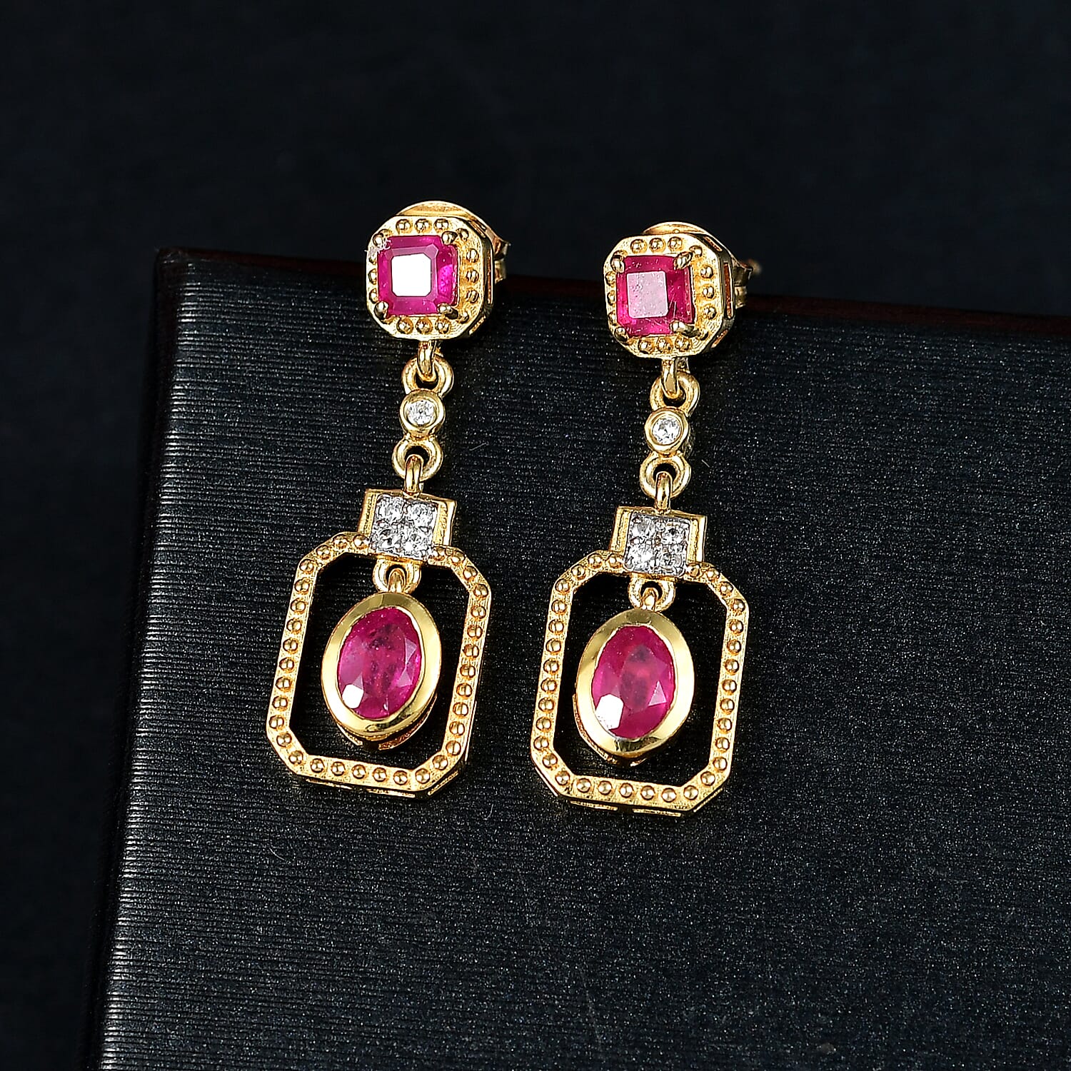 D'joy African Ruby, White Zircon Dangling Earring in 14K Gold OverlaySterling Silver  2.534  Ct. 8201563 2