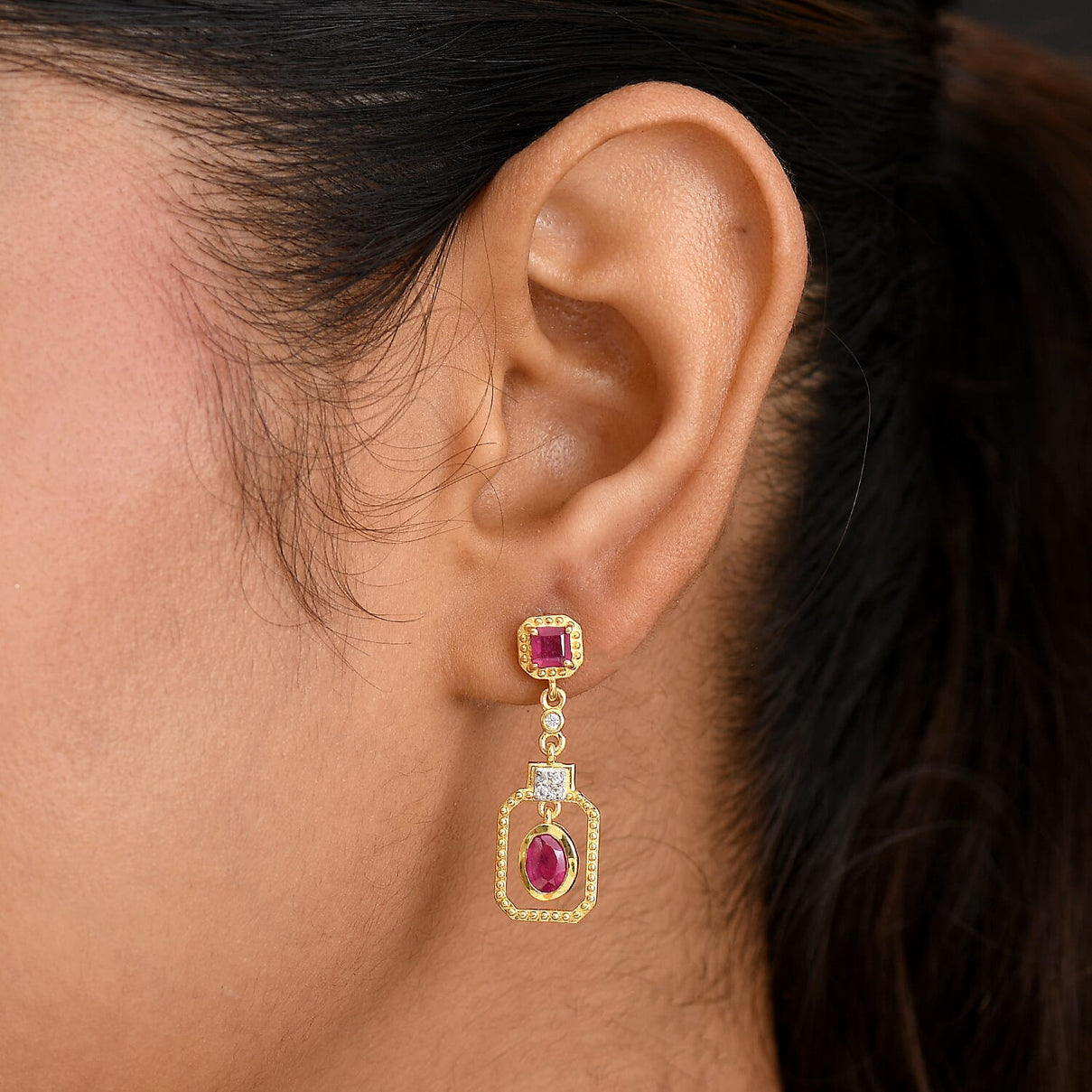 D'joy African Ruby, White Zircon Dangling Earring in 14K Gold OverlaySterling Silver  2.534  Ct. 8201563 3