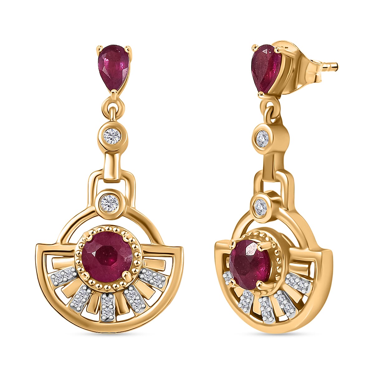 D'joy African Ruby &amp; White Zircon Dangling Earring in 14K Yellow Gold Plated Sterling Silver 2.30 Ct. 8201593 0