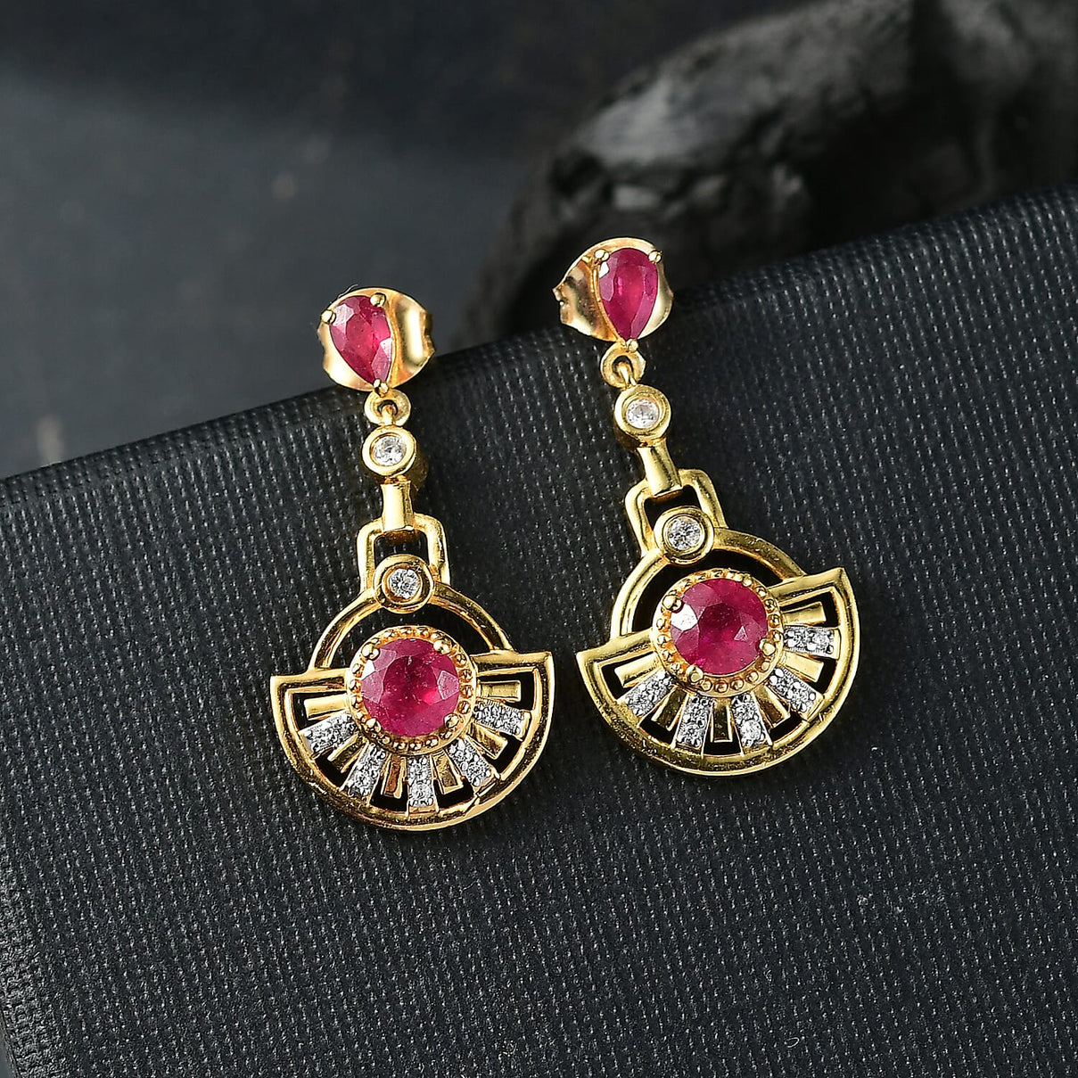 D'joy African Ruby &amp; White Zircon Dangling Earring in 14K Yellow Gold Plated Sterling Silver 2.30 Ct. 8201593 2
