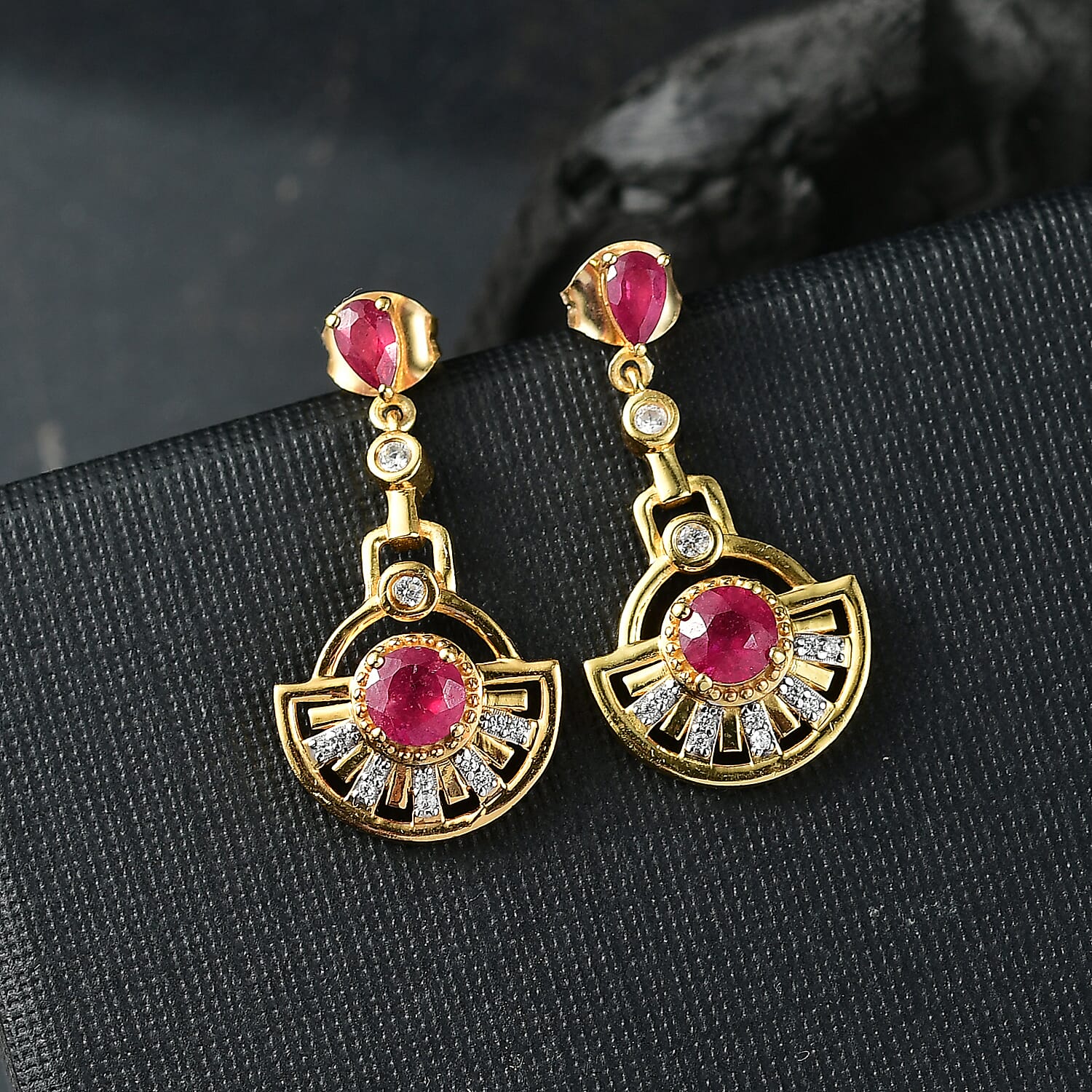 D'joy African Ruby &amp; White Zircon Dangling Earring in 14K Yellow Gold Plated Sterling Silver 2.30 Ct. 8201593 2