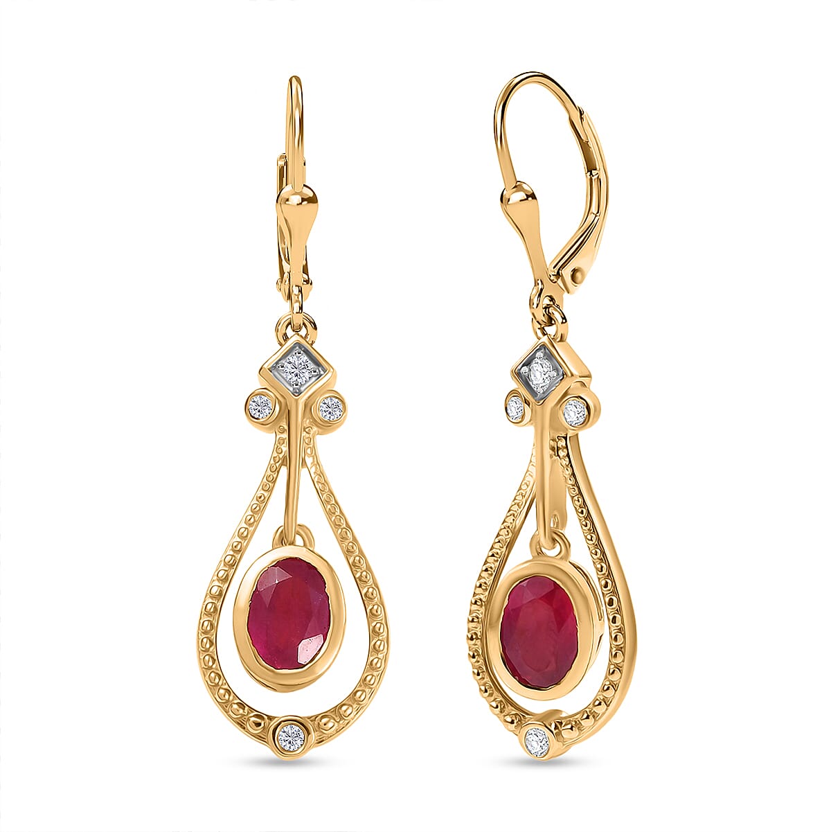 Djoy African Ruby &amp; White Zircon Dangling Earring in 14K Yellow Gold Plated Sterling Silver 2.39 Ct. 8201985 0