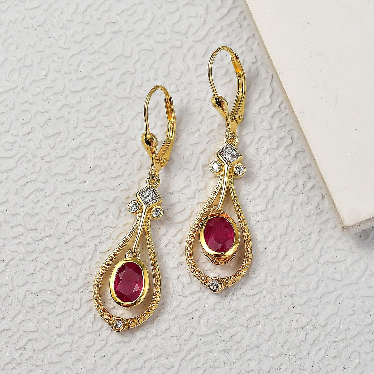 Djoy African Ruby &amp; White Zircon Dangling Earring in 14K Yellow Gold Plated Sterling Silver 2.39 Ct. 8201985 1