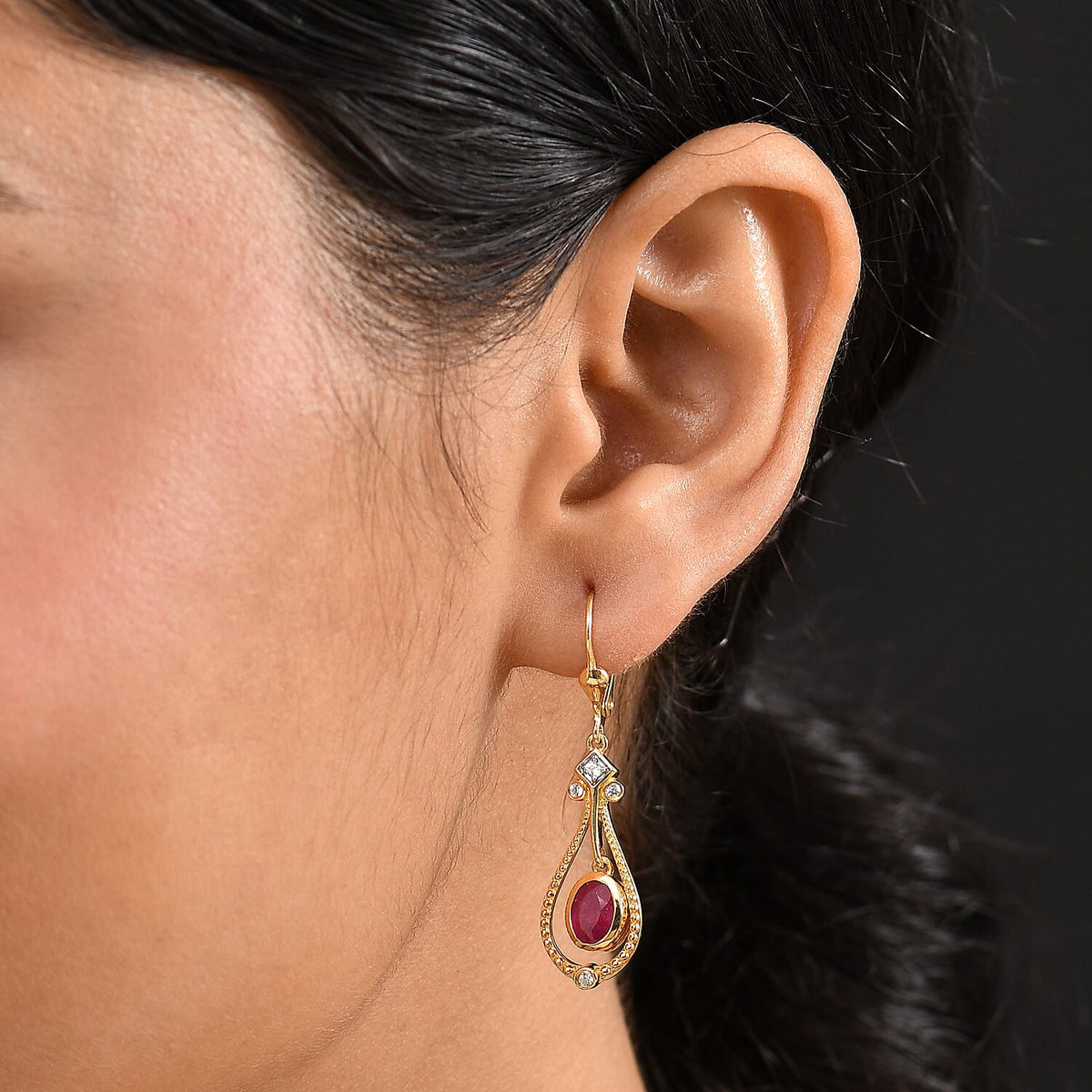 Djoy African Ruby &amp; White Zircon Dangling Earring in 14K Yellow Gold Plated Sterling Silver 2.39 Ct. 8201985 2
