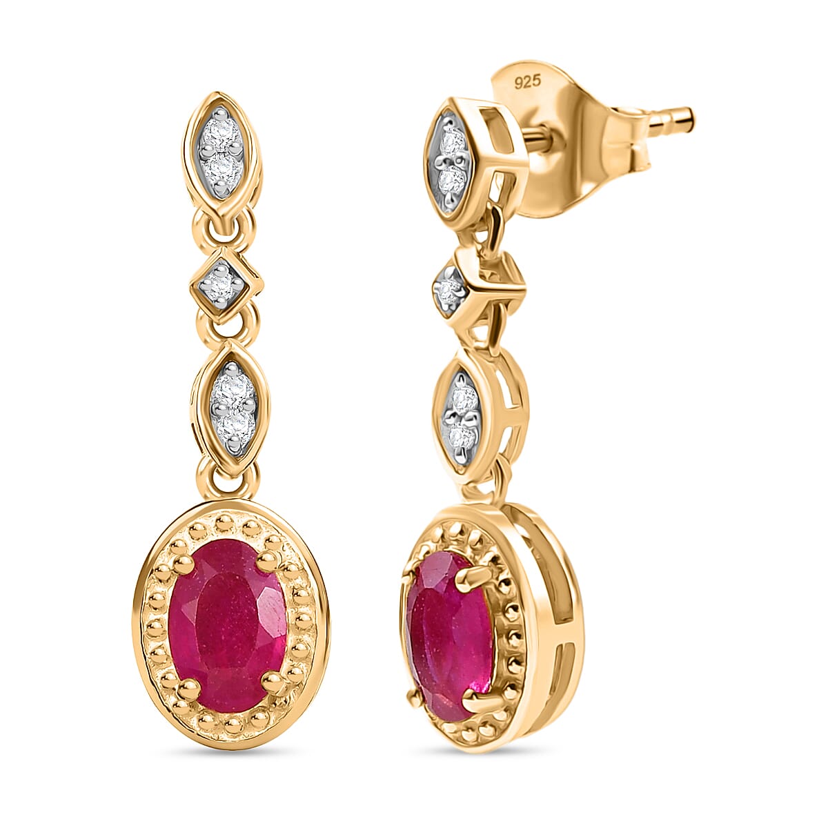 D'joy African Ruby, White Zircon Dangling Earring with Push Back in Yellow Gold Plated Sterling Silver 1.35 Ct. 8240226 0