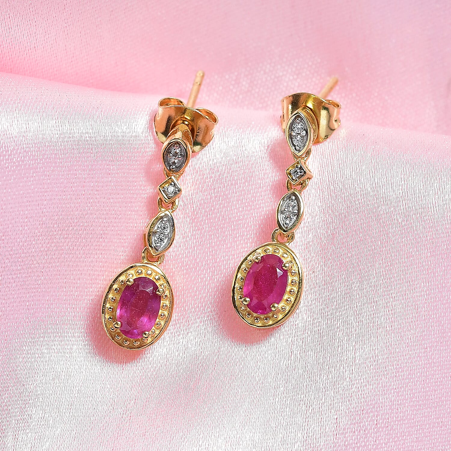 D'joy African Ruby, White Zircon Dangling Earring with Push Back in Yellow Gold Plated Sterling Silver 1.35 Ct. 8240226 1