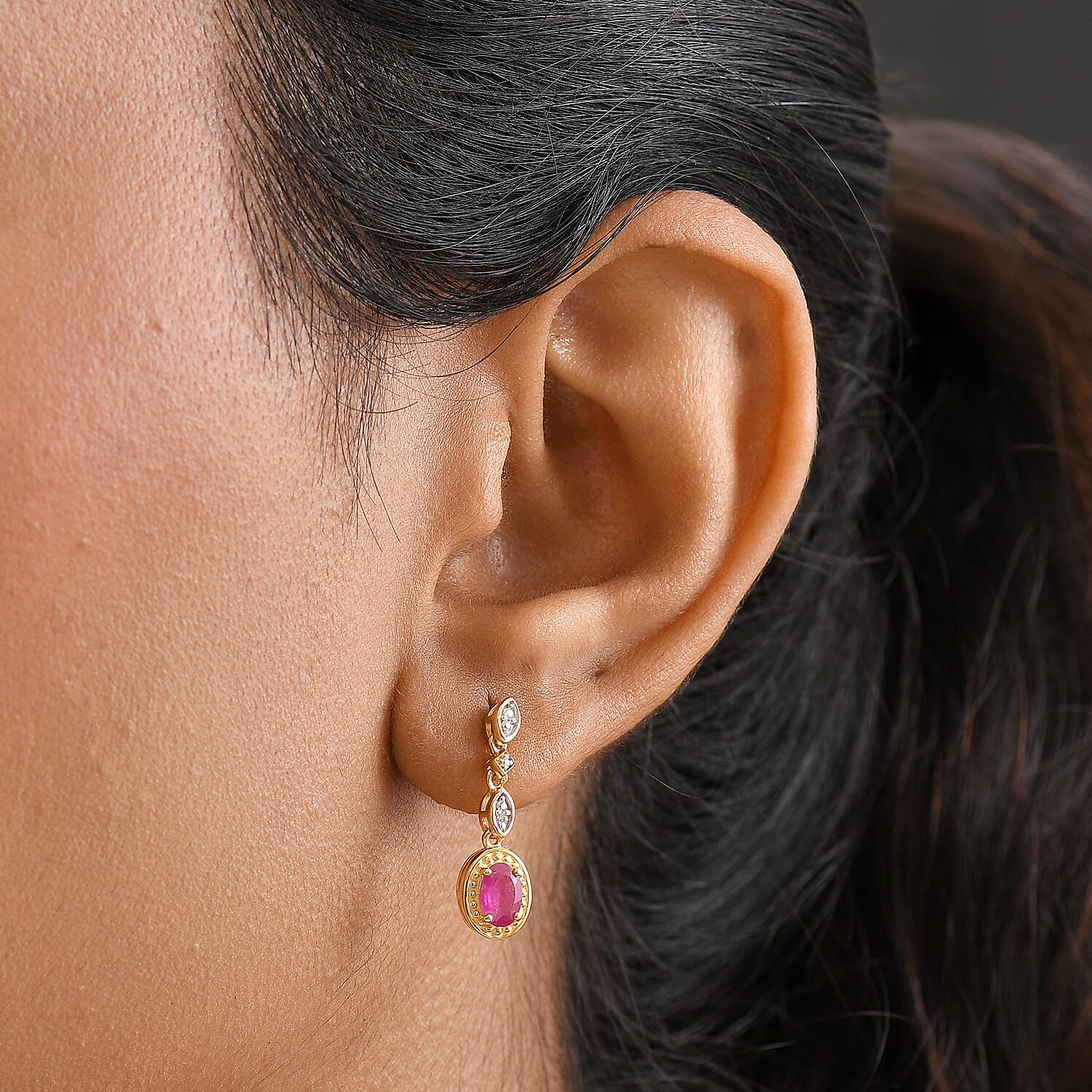 D'joy African Ruby, White Zircon Dangling Earring with Push Back in Yellow Gold Plated Sterling Silver 1.35 Ct. 8240226 2