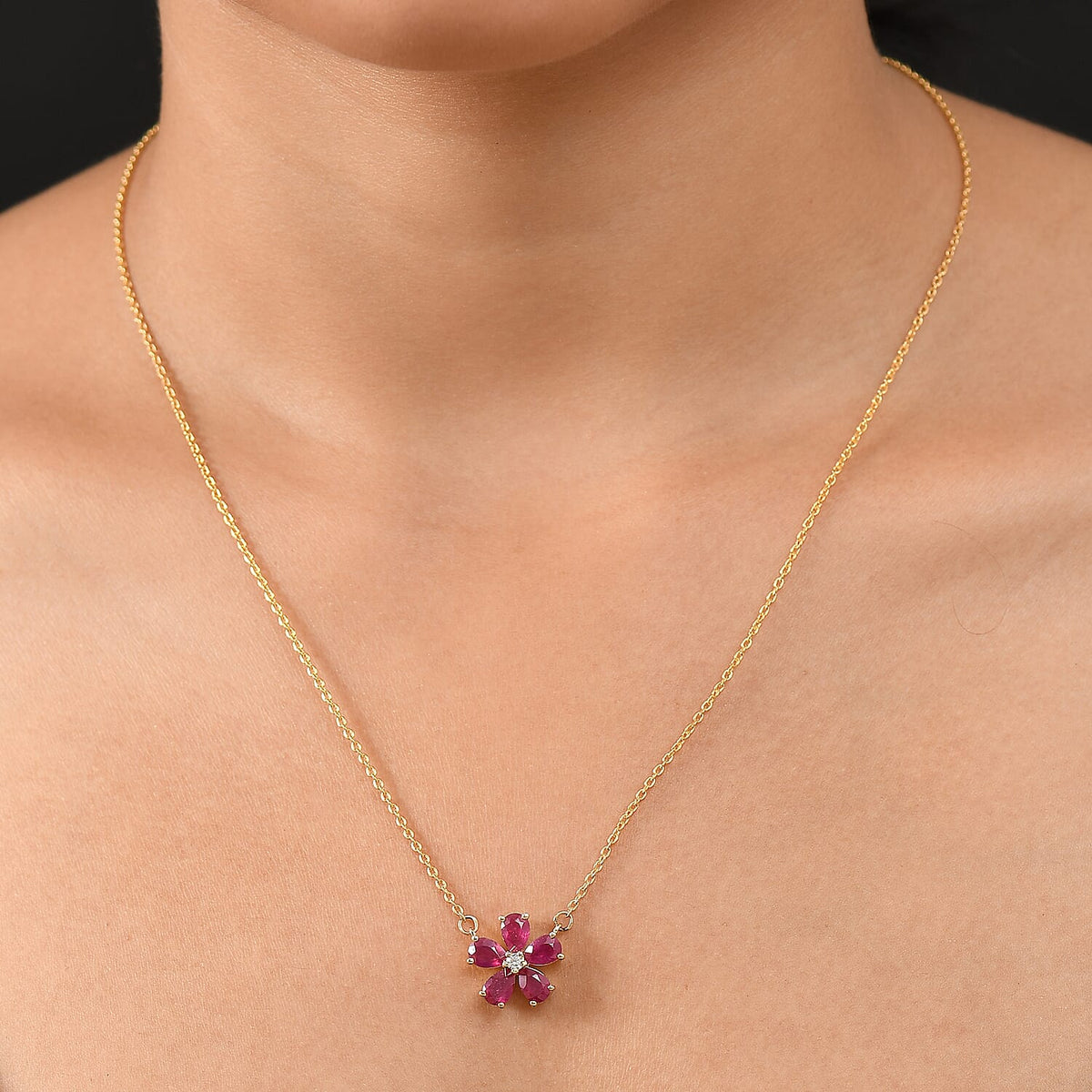 African Ruby &amp; Zircon Floral Necklace (Size - 20) in 14K Gold OverlaySterling Silver 2.835  Ct. 8201502 2