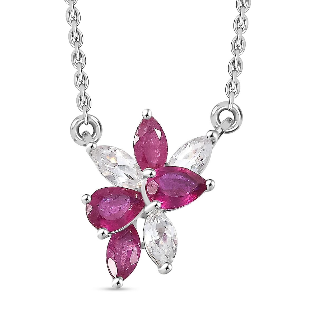 African Ruby &amp; White Zircon Necklace (Size - 20) in Rhodium Overlay Sterling Silver 2.75 Ct. 8207147 0