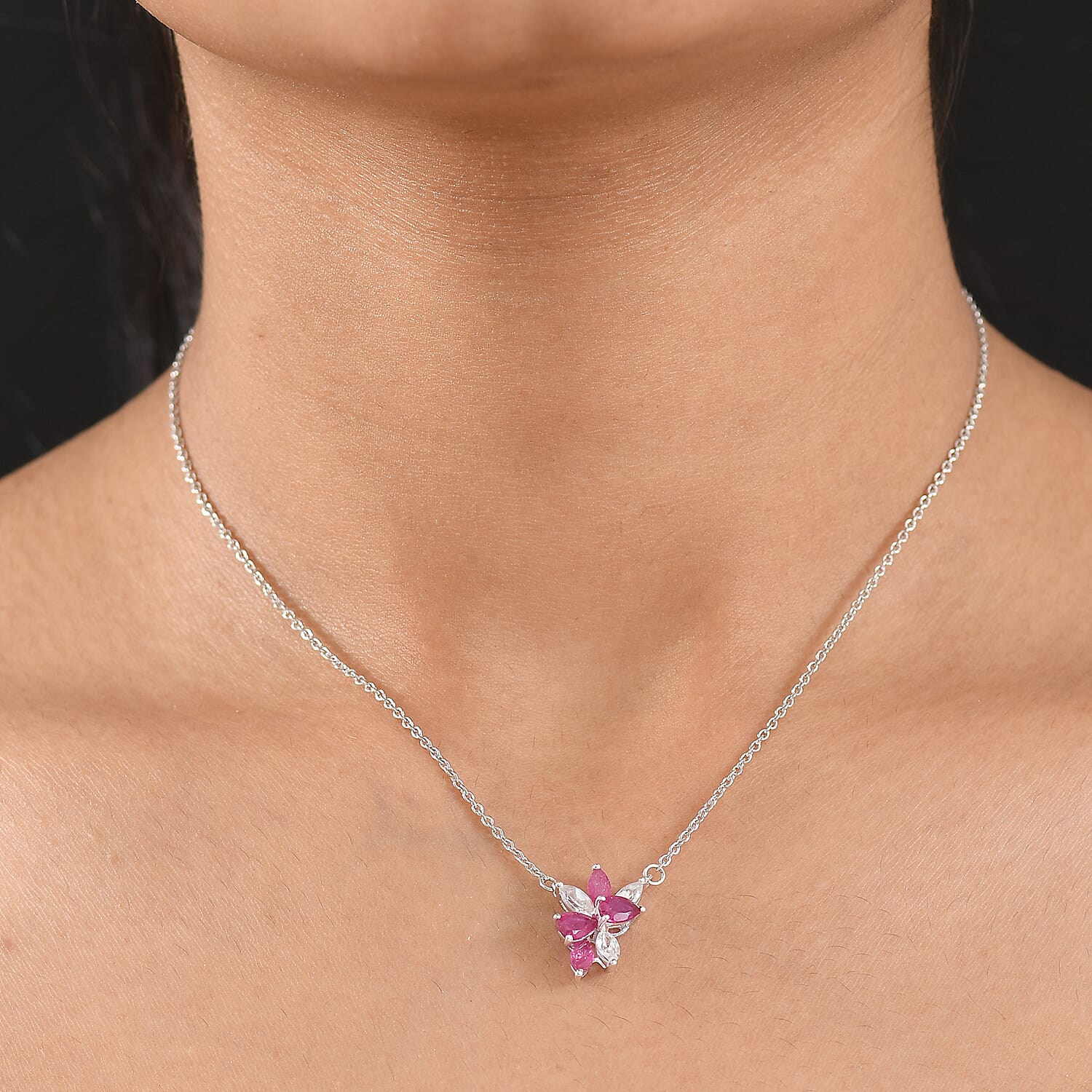 African Ruby &amp; White Zircon Necklace (Size - 20) in Rhodium Overlay Sterling Silver 2.75 Ct. 8207147 2