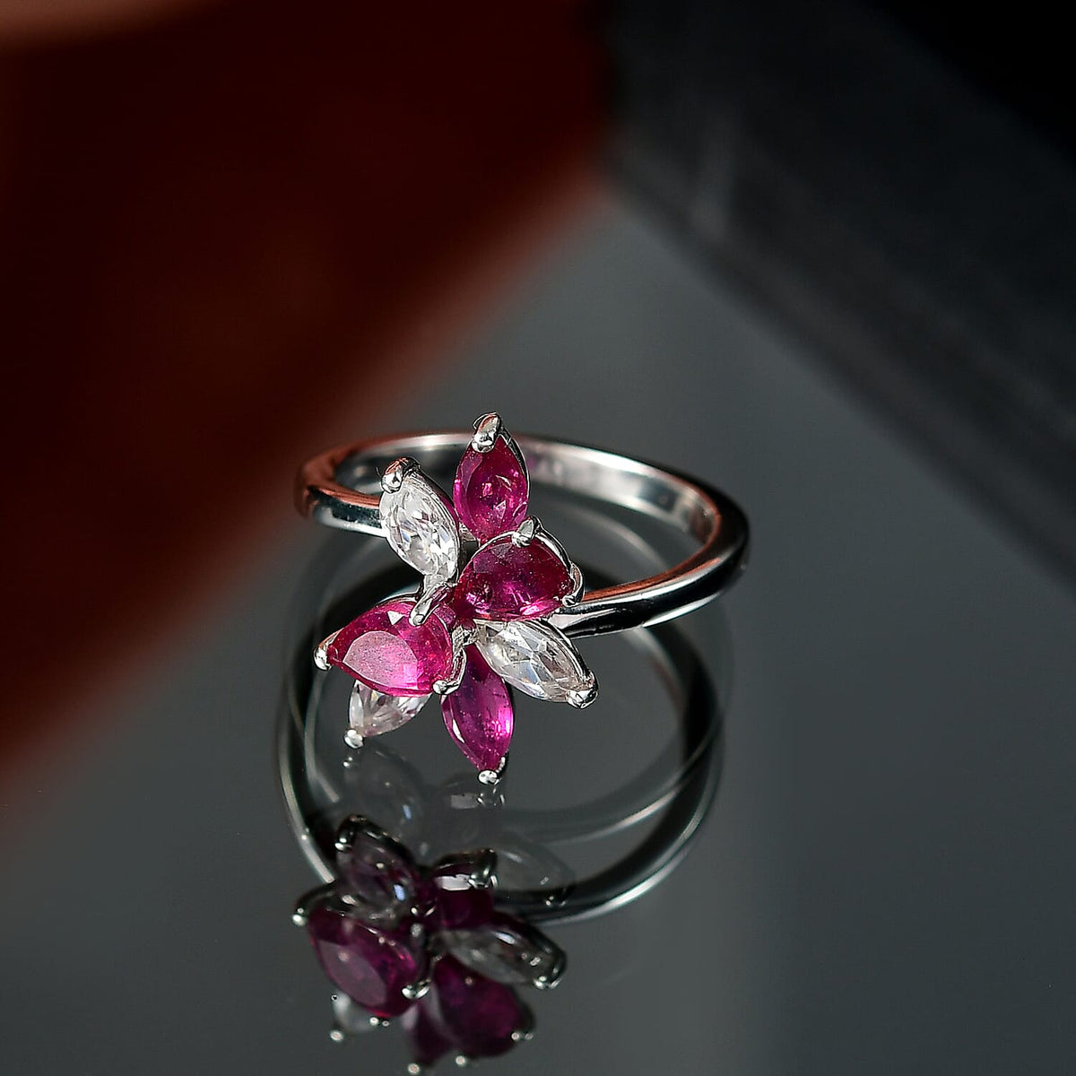 African Ruby &amp; Zircon Floral Ring in Rhodium Overlay Sterling Silver 8203821 1