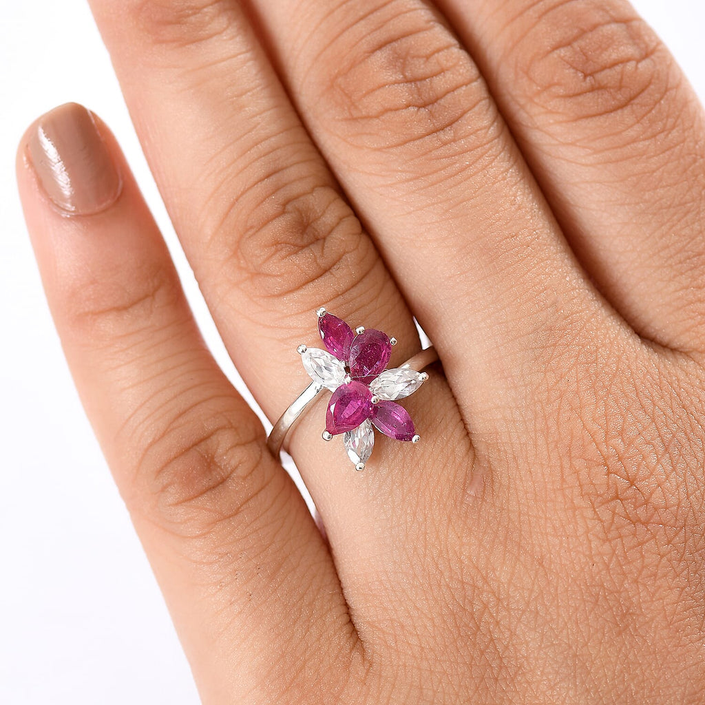 African Ruby & Zircon Floral Ring in Rhodium Overlay Sterling Silver