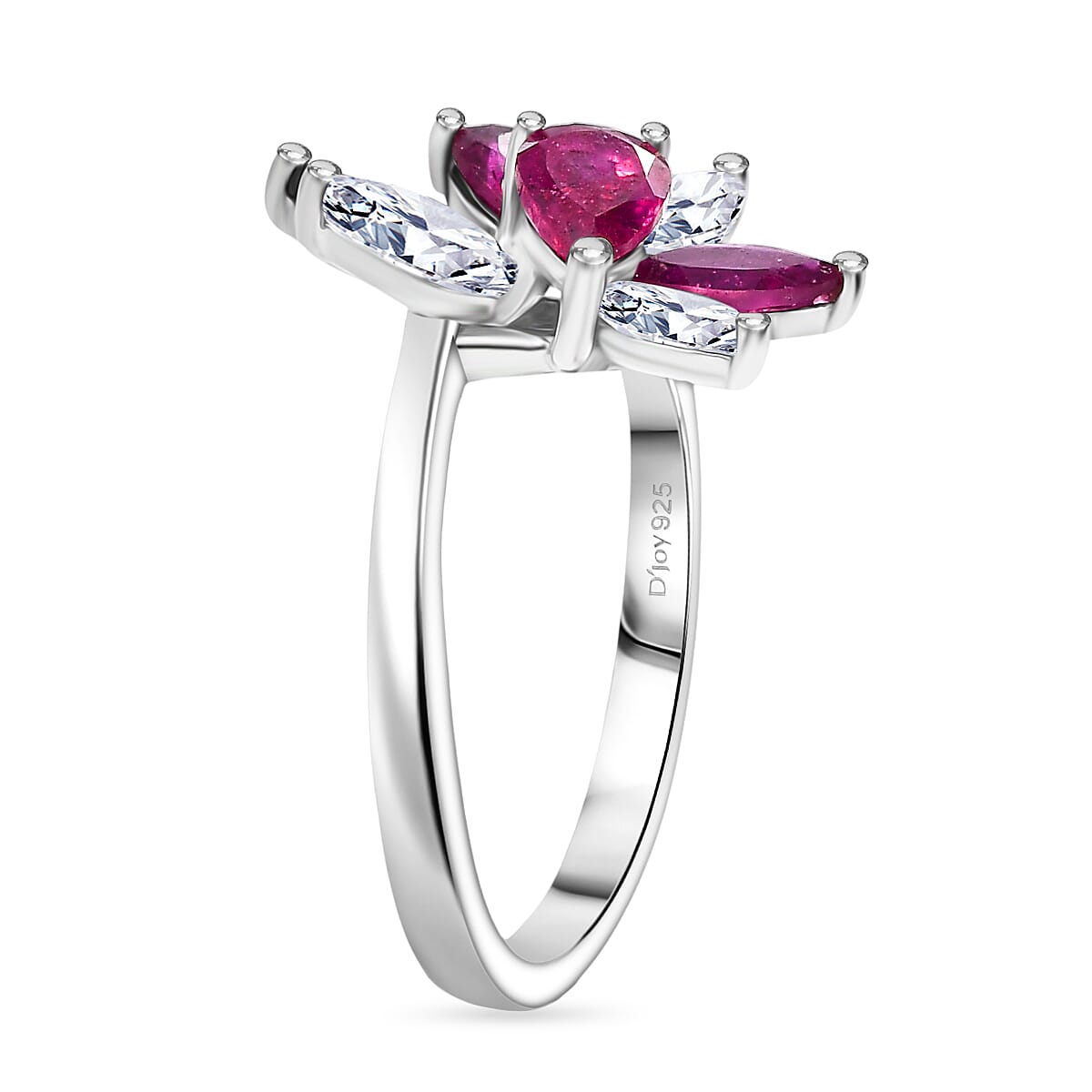 African Ruby &amp; Zircon Floral Ring in Rhodium Overlay Sterling Silver 8203821 3