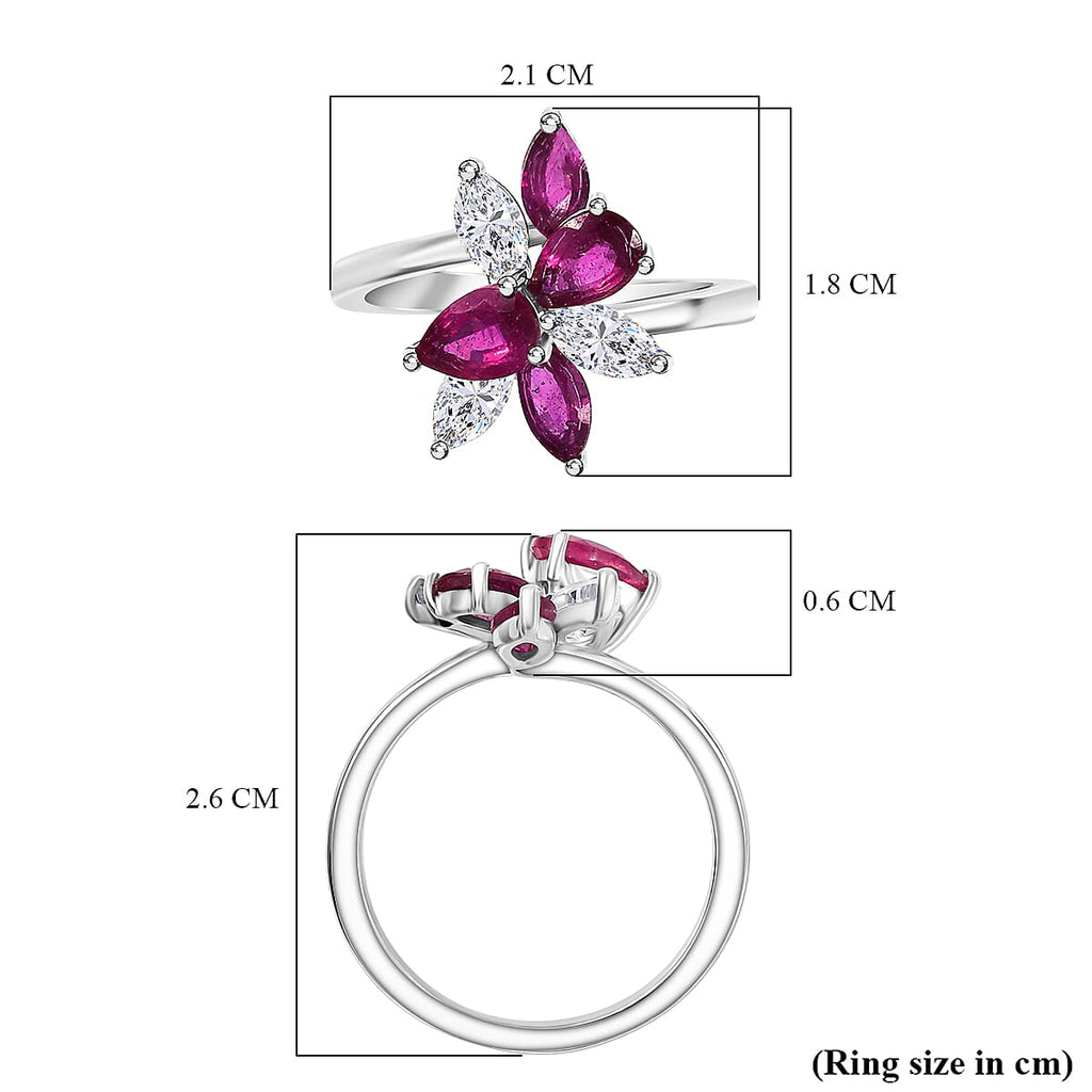 African Ruby & Zircon Floral Ring in Rhodium Overlay Sterling Silver