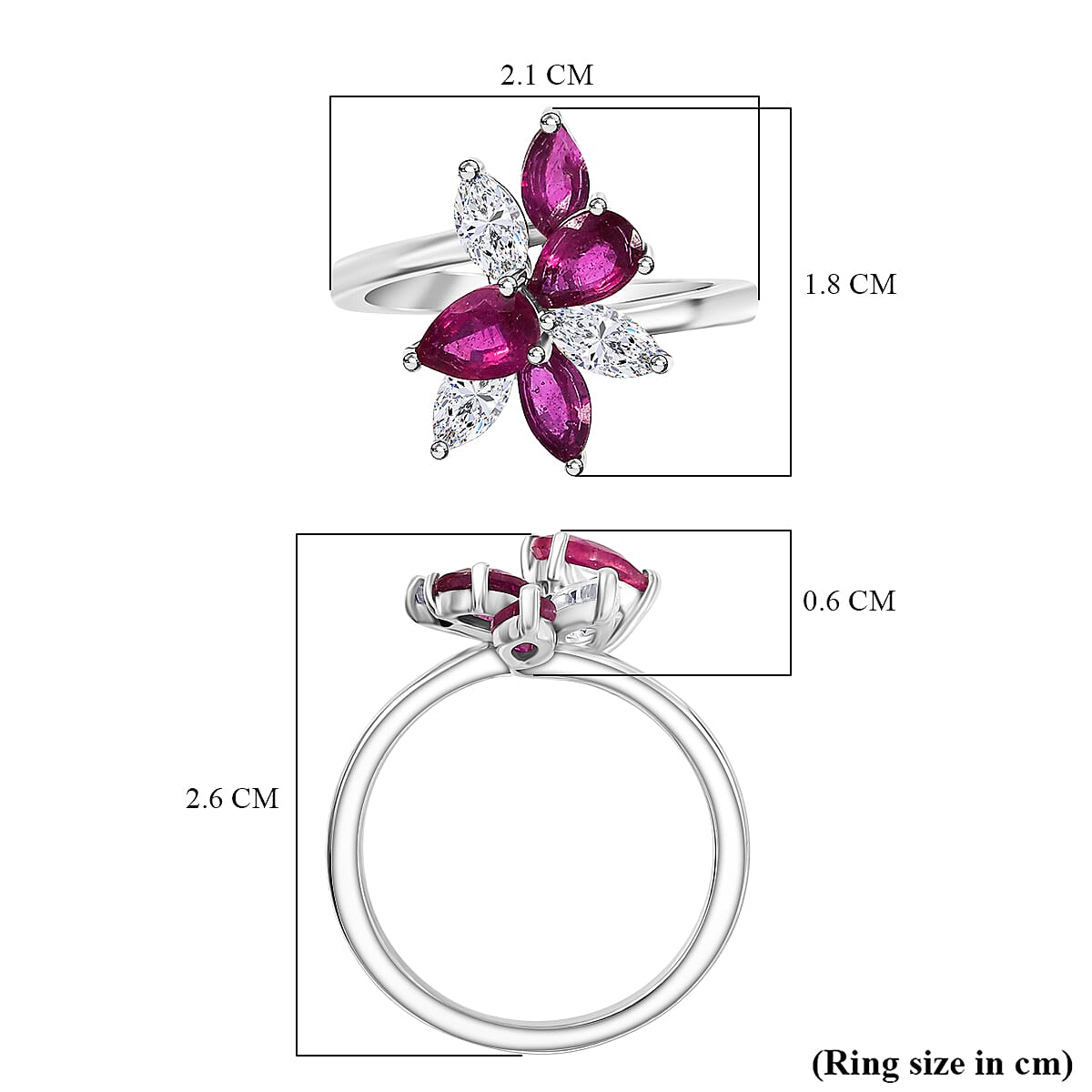 African Ruby &amp; Zircon Floral Ring in Rhodium Overlay Sterling Silver 8203821 5