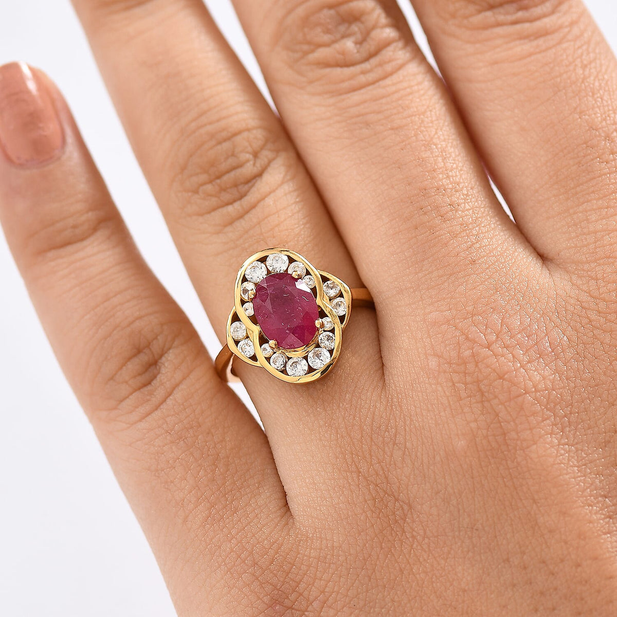 D'joy AAA African Ruby &amp; White Zircon Ring in 14K Gold Overlay Sterling Silver 3.54 Ct. 8202762 2