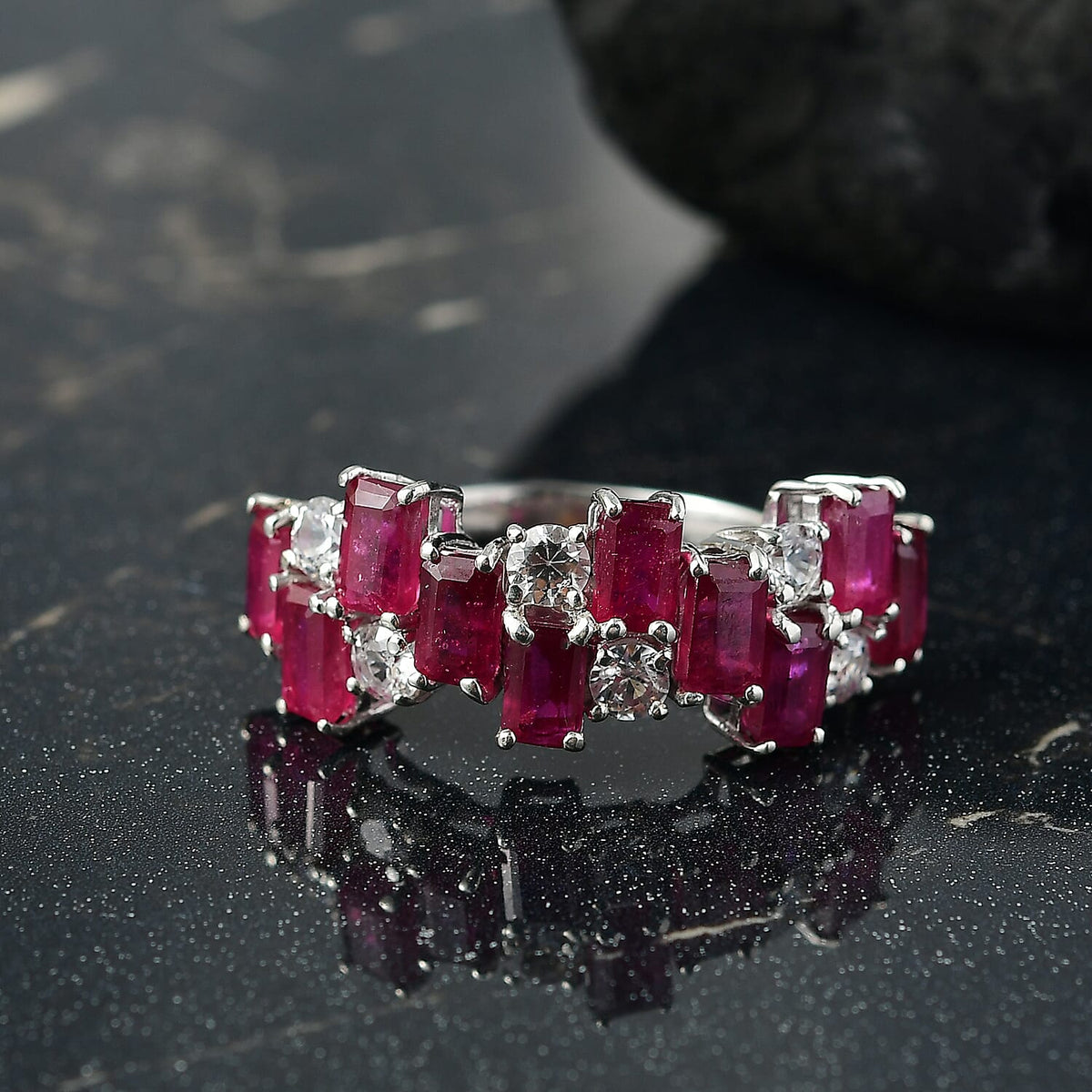 Dâ€™joy African Ruby, White Zircon Ring in Rhodium Overlay Sterling Silver 6.75 Ct. 8205851 2