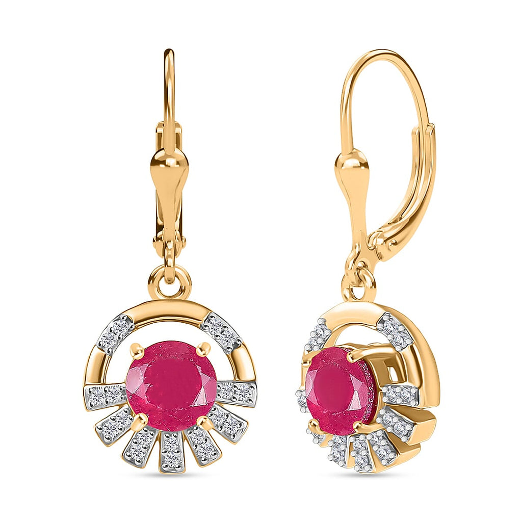 D'joy African Ruby & White Zircon Solitaire Lever Back Earring in 14K Yellow Gold Plated Sterling Silver 2.88 Ct.