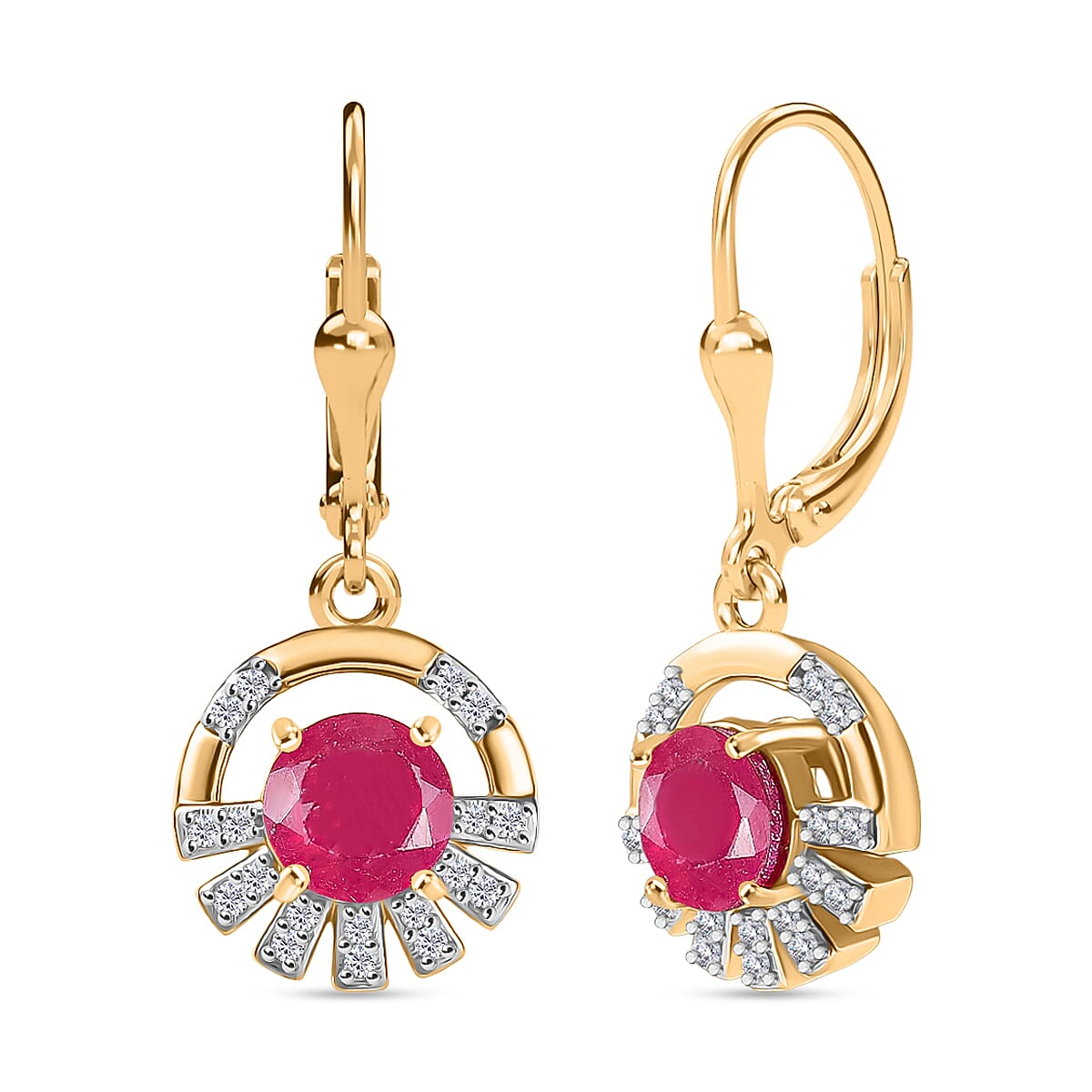 D'joy African Ruby &amp; White Zircon Solitaire Lever Back Earring in 14K Yellow Gold Plated Sterling Silver 2.88 Ct. 8201555 0