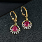 D'joy African Ruby & White Zircon Solitaire Lever Back Earring in 14K Yellow Gold Plated Sterling Silver 2.88 Ct.