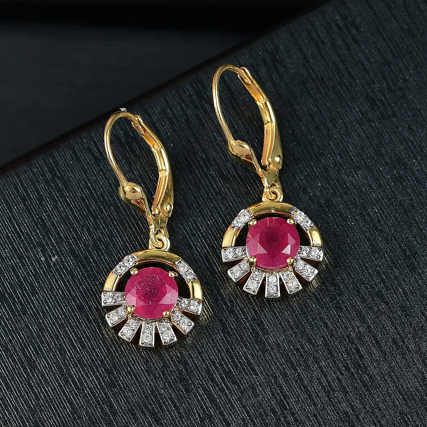 D'joy African Ruby &amp; White Zircon Solitaire Lever Back Earring in 14K Yellow Gold Plated Sterling Silver 2.88 Ct. 8201555 2