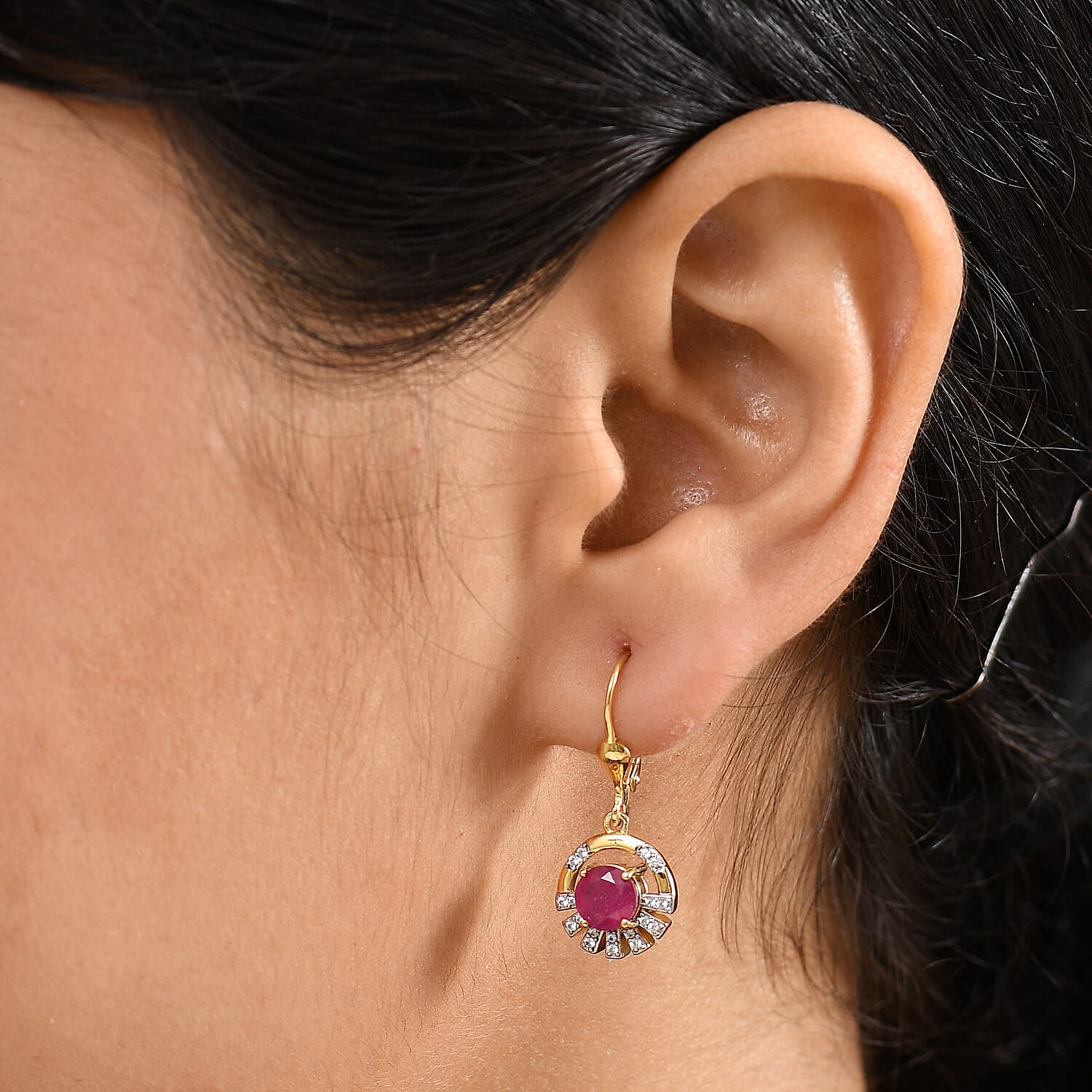 D'joy African Ruby &amp; White Zircon Solitaire Lever Back Earring in 14K Yellow Gold Plated Sterling Silver 2.88 Ct. 8201555 3