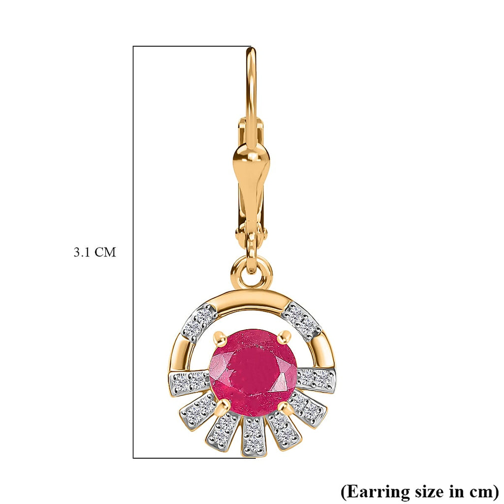 D'joy African Ruby & White Zircon Solitaire Lever Back Earring in 14K Yellow Gold Plated Sterling Silver 2.88 Ct.
